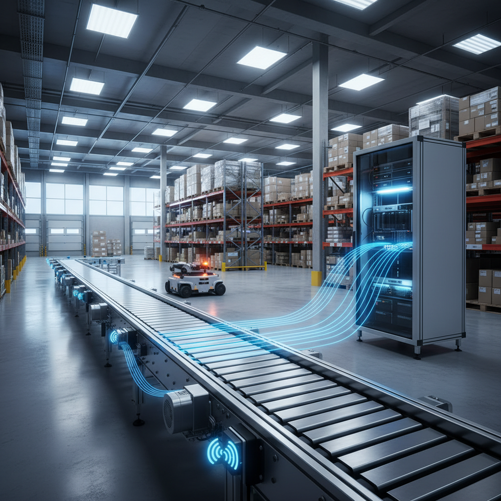 Ein modernes Fördersystem in einem Lager in den Benelux-Ländern, das die 5G-Konnektivität für Echtzeit-Datenanalysen mit blauen Lichtströmen veranschaulicht.