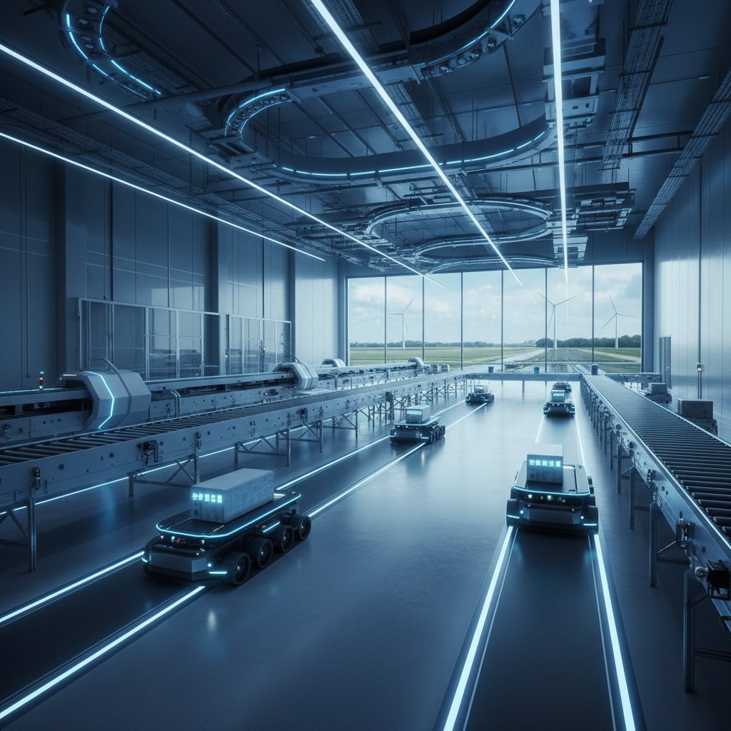 A modern Benelux warehouse showcasing the integration of 5G-controlled wireless conveyor systems and autonomous mobile robots.