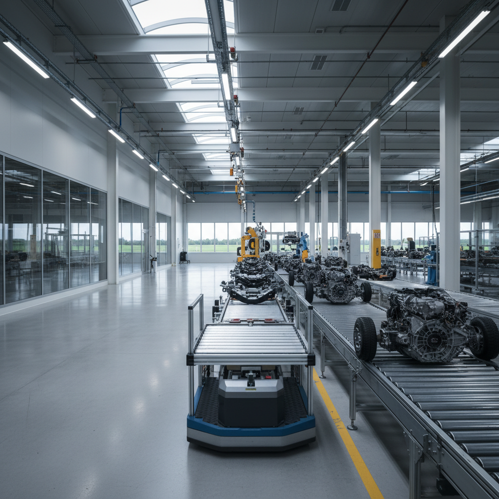 An Automated Guided Cart (AGC) integrating with a roller conveyor system in a bright, modern Benelux manufacturing facility.