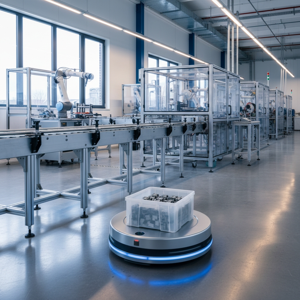 An Automated Guided Cart (AGC) transports a bin from a roller conveyor line in a modern Benelux manufacturing plant.