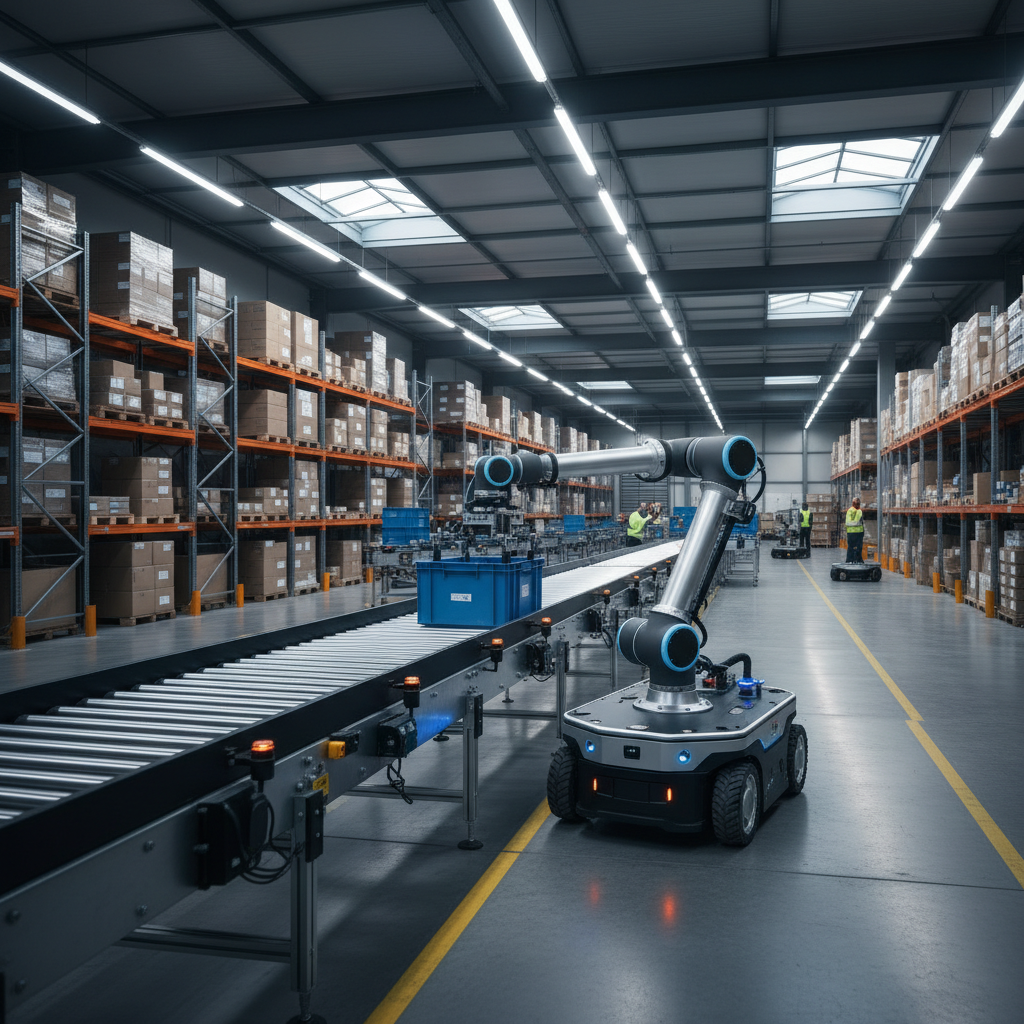Een AMR (Autonome Mobiele Robot) die een plastic bakje overbrengt van een rollenbaansysteem in een modern Benelux-magazi