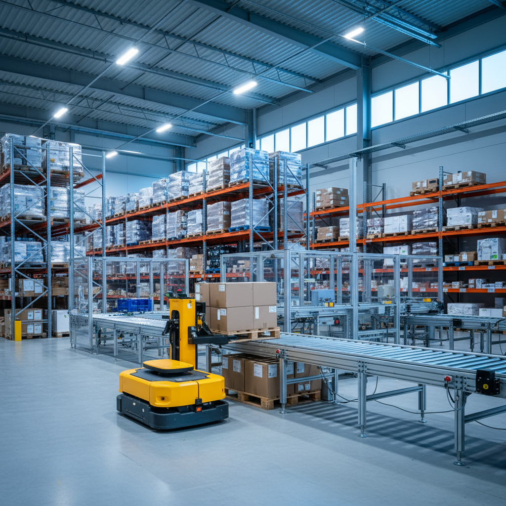 A yellow AGV transferring a pallet from a roller conveyor system in a modern, automated Benelux distribution center.