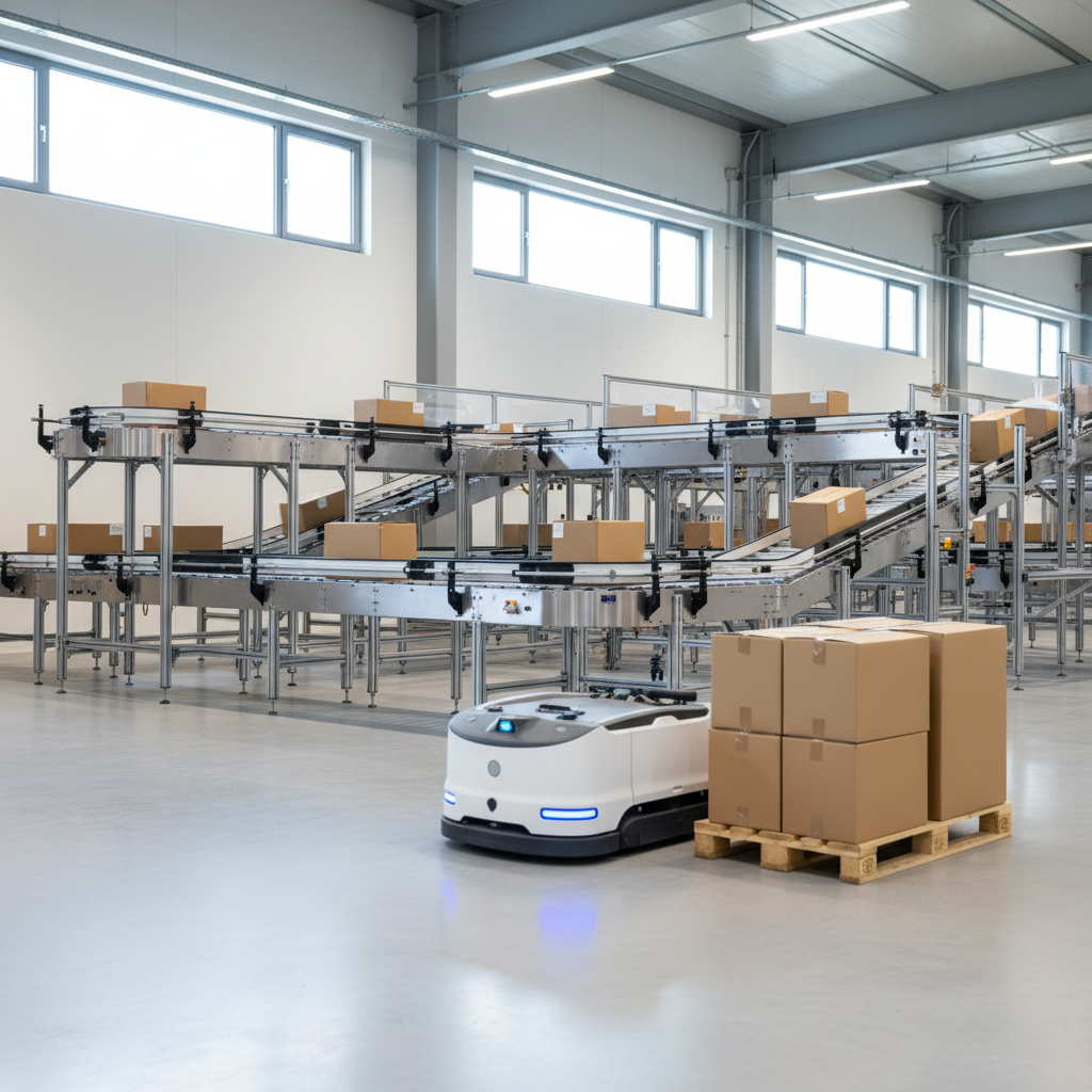 An AGV carrying a pallet in a modern warehouse, with an integrated overhead conveyor system actively transporting boxes, showcasing automation synergy.