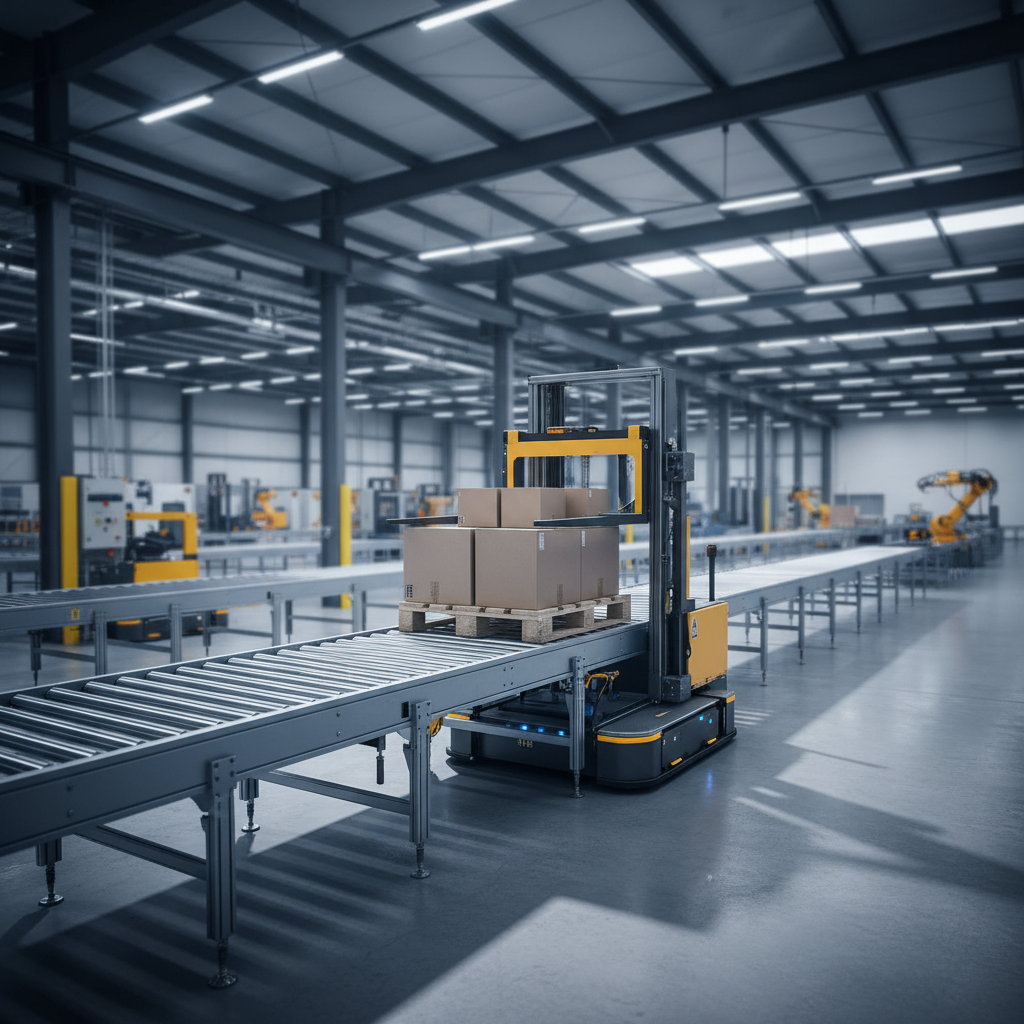 Een AGV tilt een pallet op vanaf het einde van een rollenbaansysteem in een moderne fabriek.