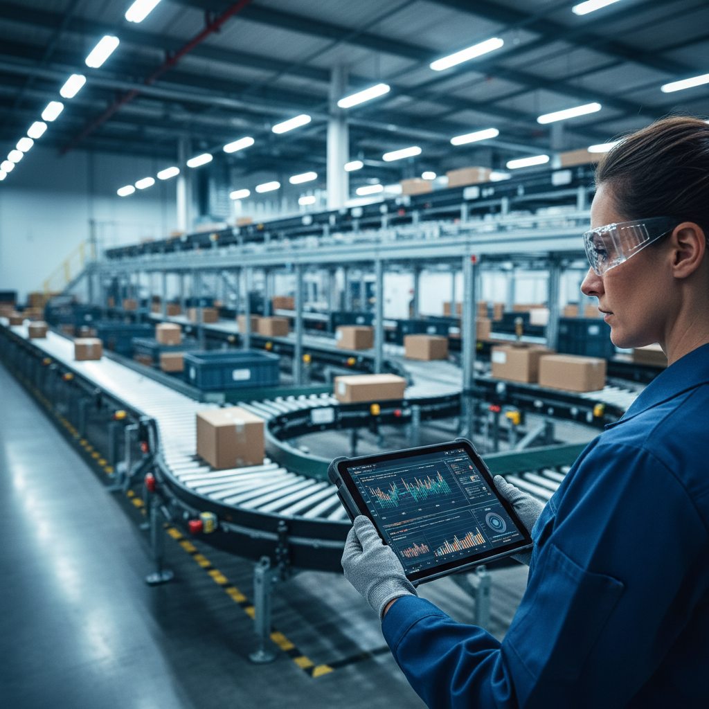 Een ingenieur in een magazijn die predictieve onderhoudsdata op een tablet bekijkt voor een transportsysteem.