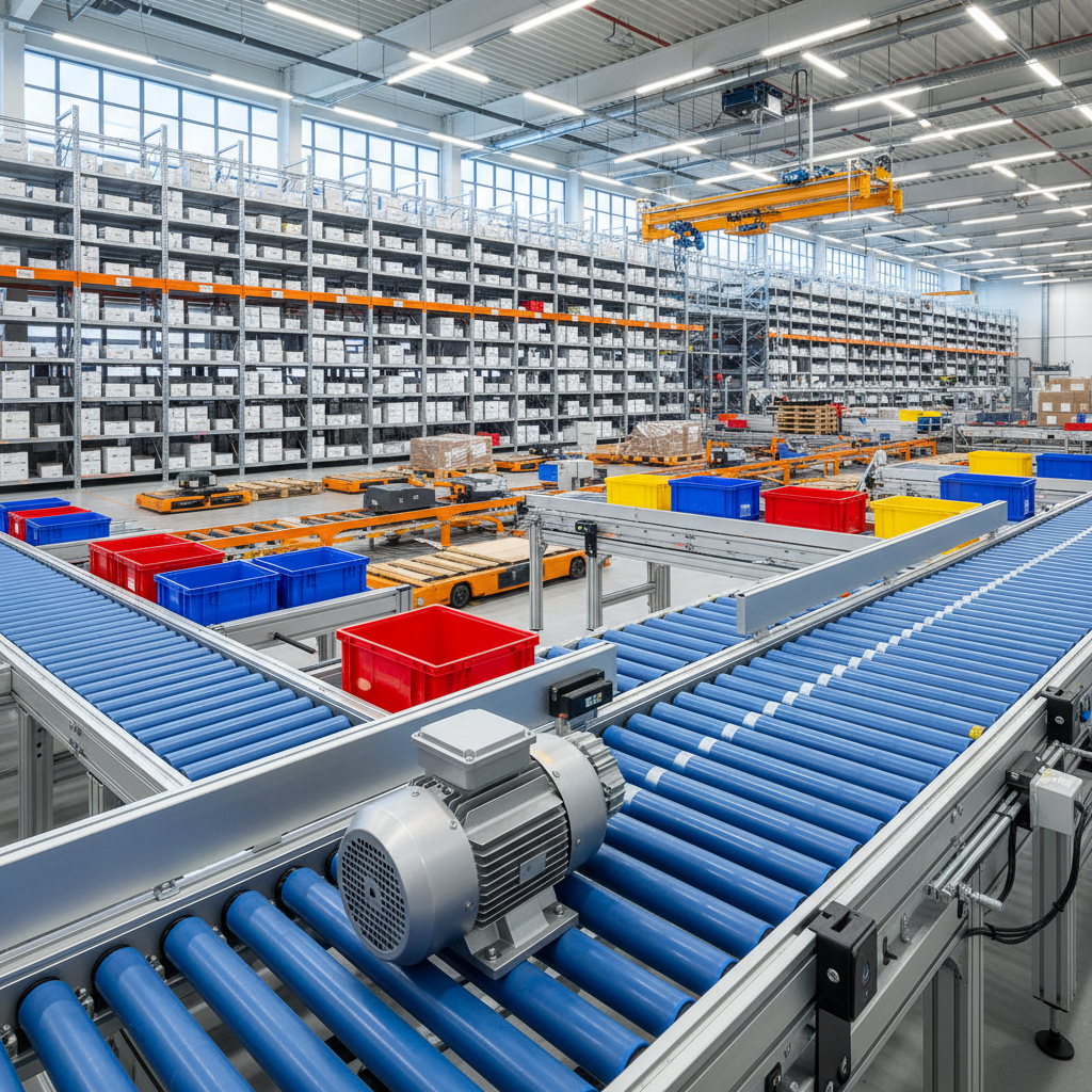 A close-up of a modern conveyor system's motor and rollers within a large, automated European warehouse, illustrating predictive maintenance technology.