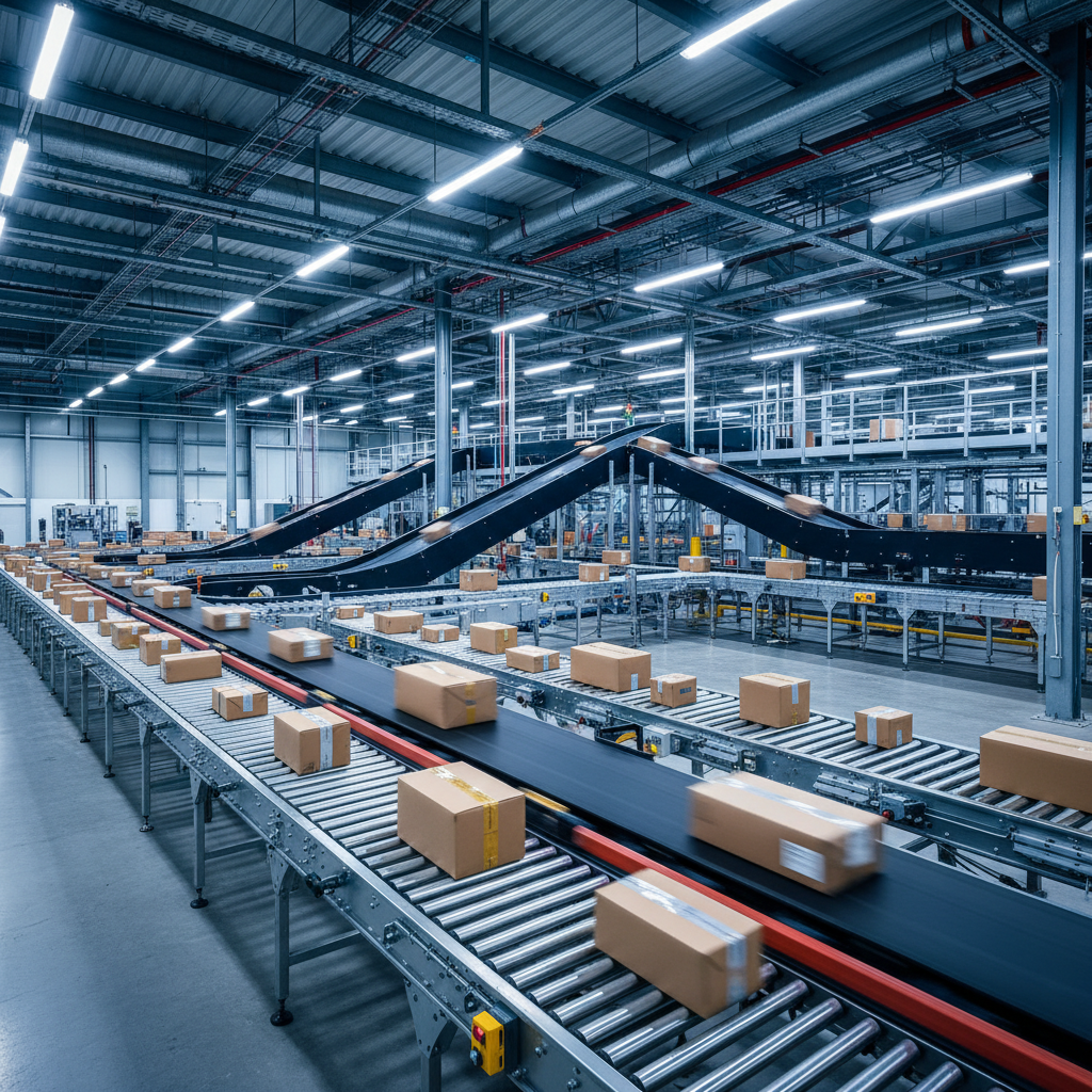 An AI-optimized network of conveyor belts dynamically sorting parcels in a modern Benelux distribution center.