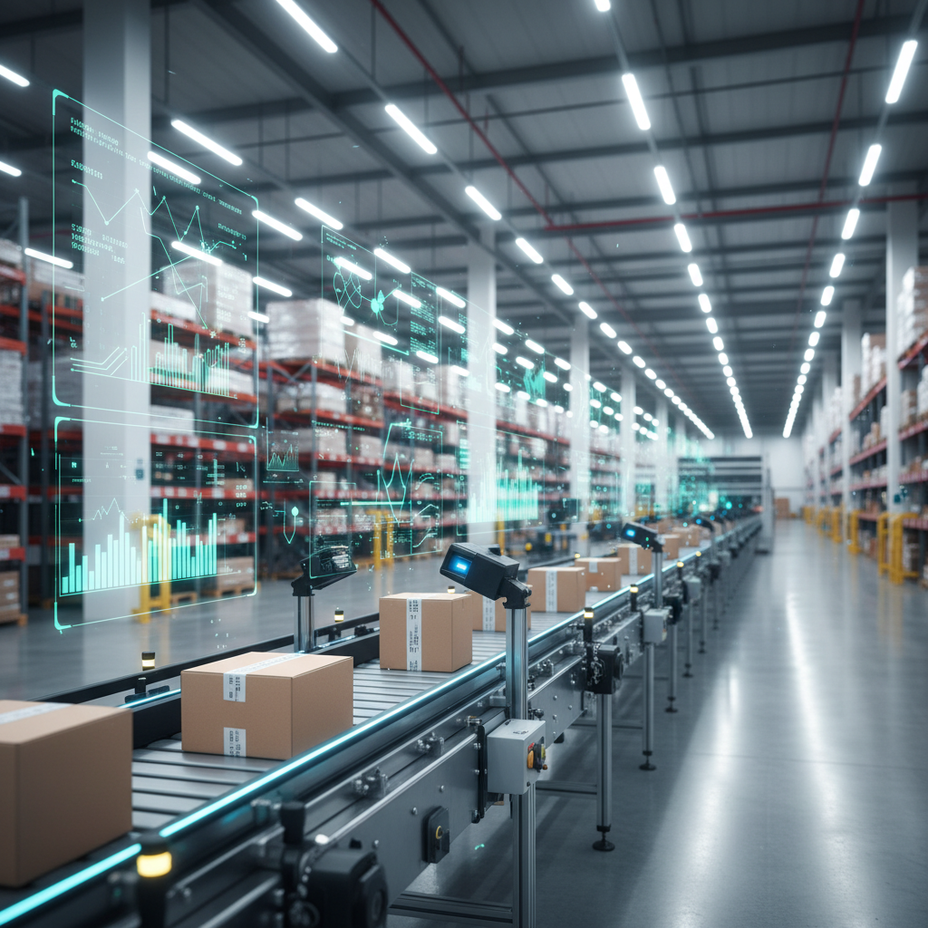 Een door AI geoptimaliseerd transportsysteem in een modern Benelux-magazijn, met pakketten die efficiënt bewegen met dat