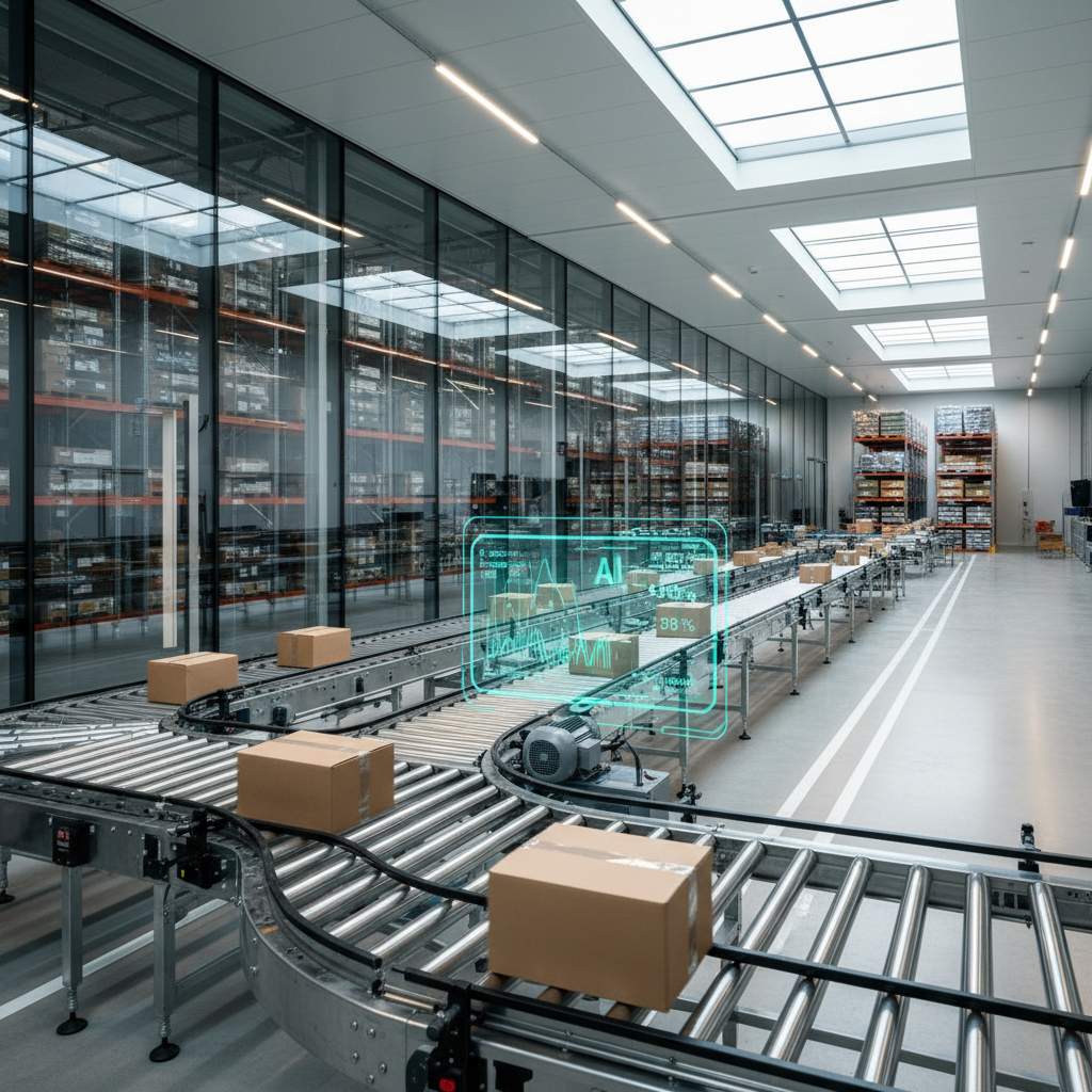 AI-gestuurd voorspellend onderhoud op een rollenbaansysteem in een modern Benelux-magazijn, met overlay van data-analyse