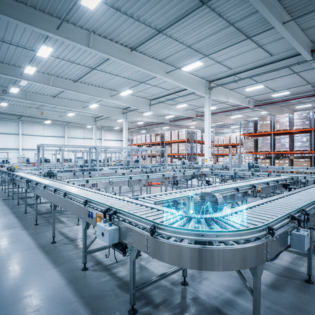 AI-gestuurd voorspellend onderhoud op een modern transportbandsysteem in een Benelux-magazijn, met gegevensanalyse-overl