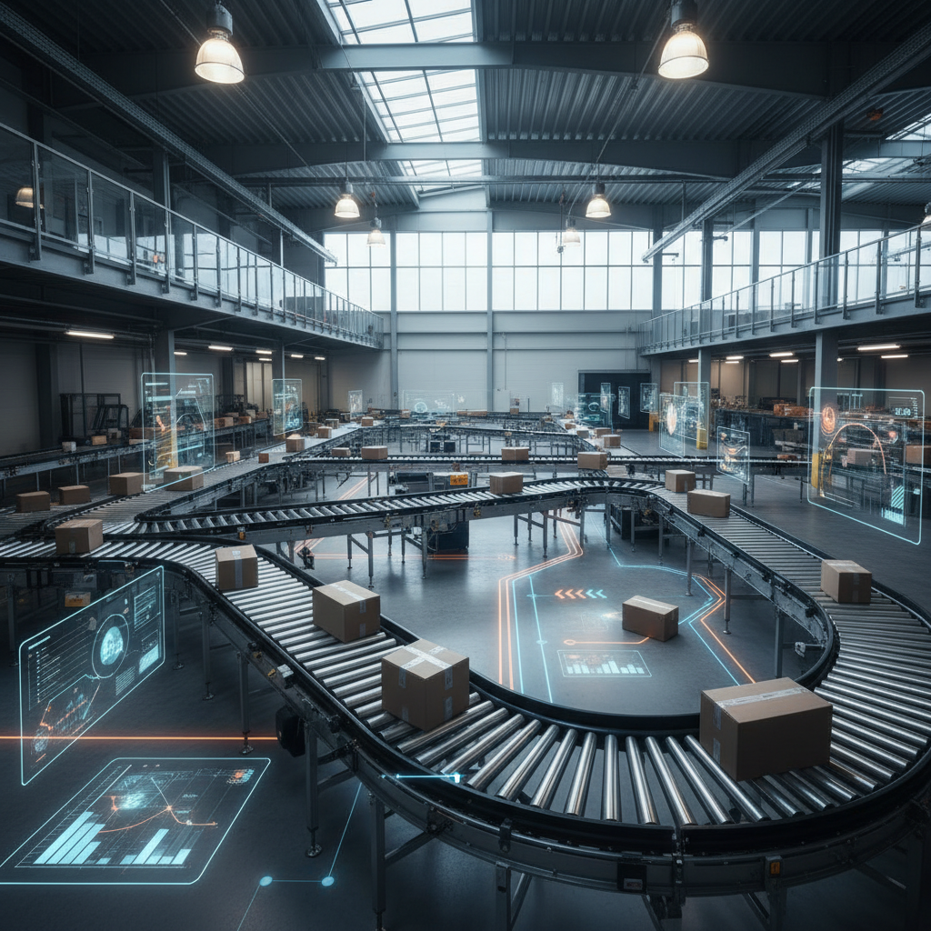 AI-geoptimaliseerd transportbandsysteem in een modern Benelux distributiecentrum, toont pakketten die efficiënt over ver