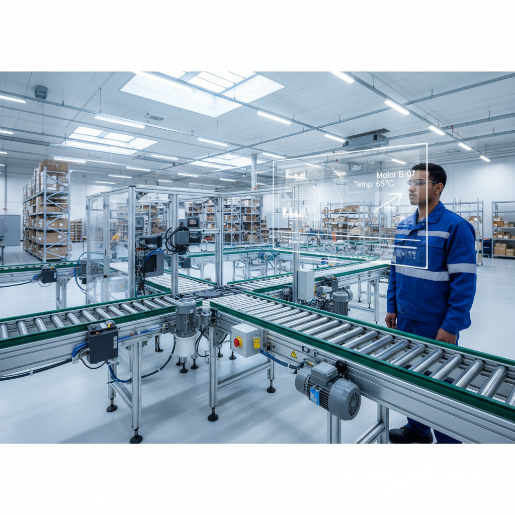 Technicien utilisant des lunettes de réalité augmentée pour effectuer la maintenance d'un système de convoyeurs dans un