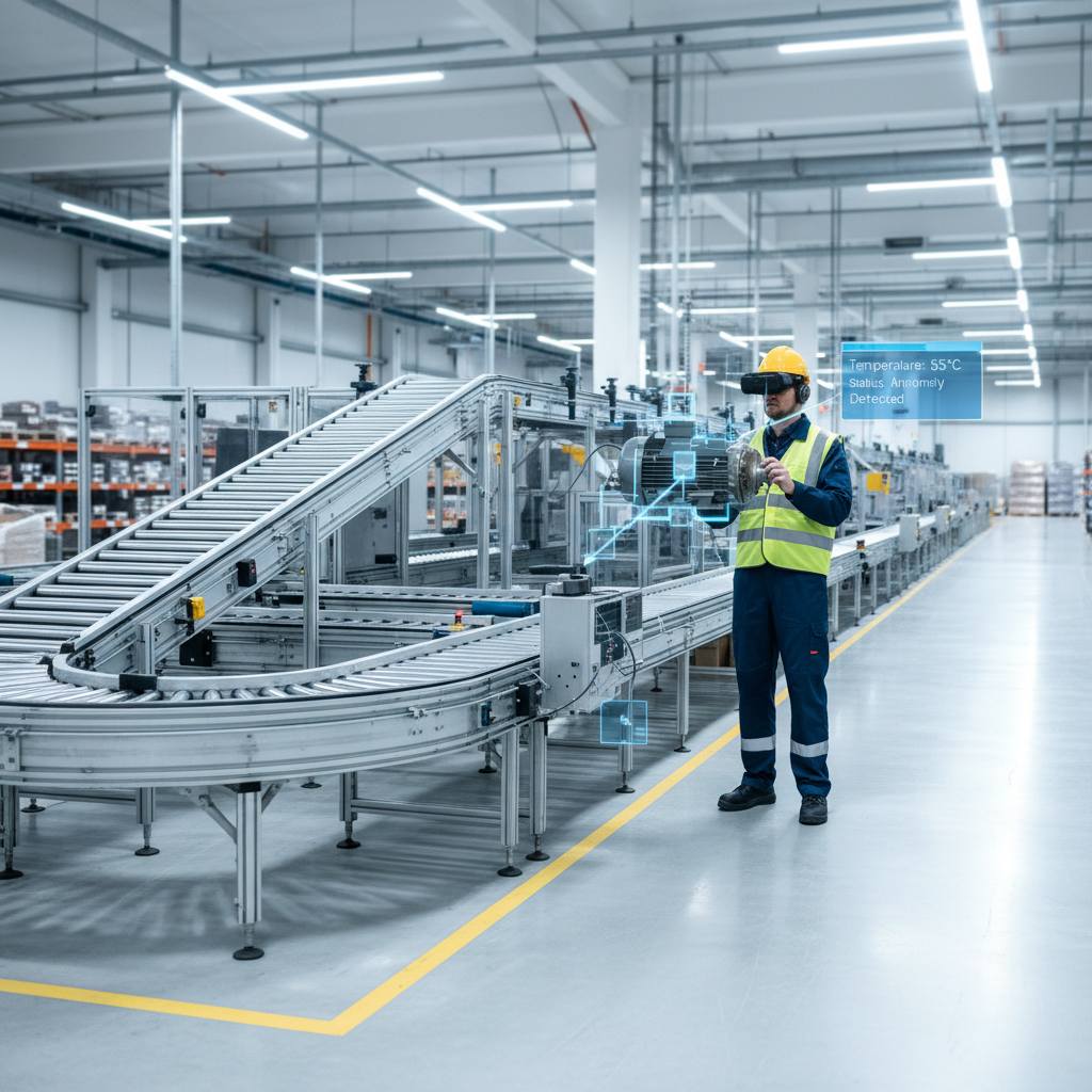 Technicus die een Augmented Reality-headset gebruikt voor het onderhoud van een transportsysteem in een modern magazijn.
