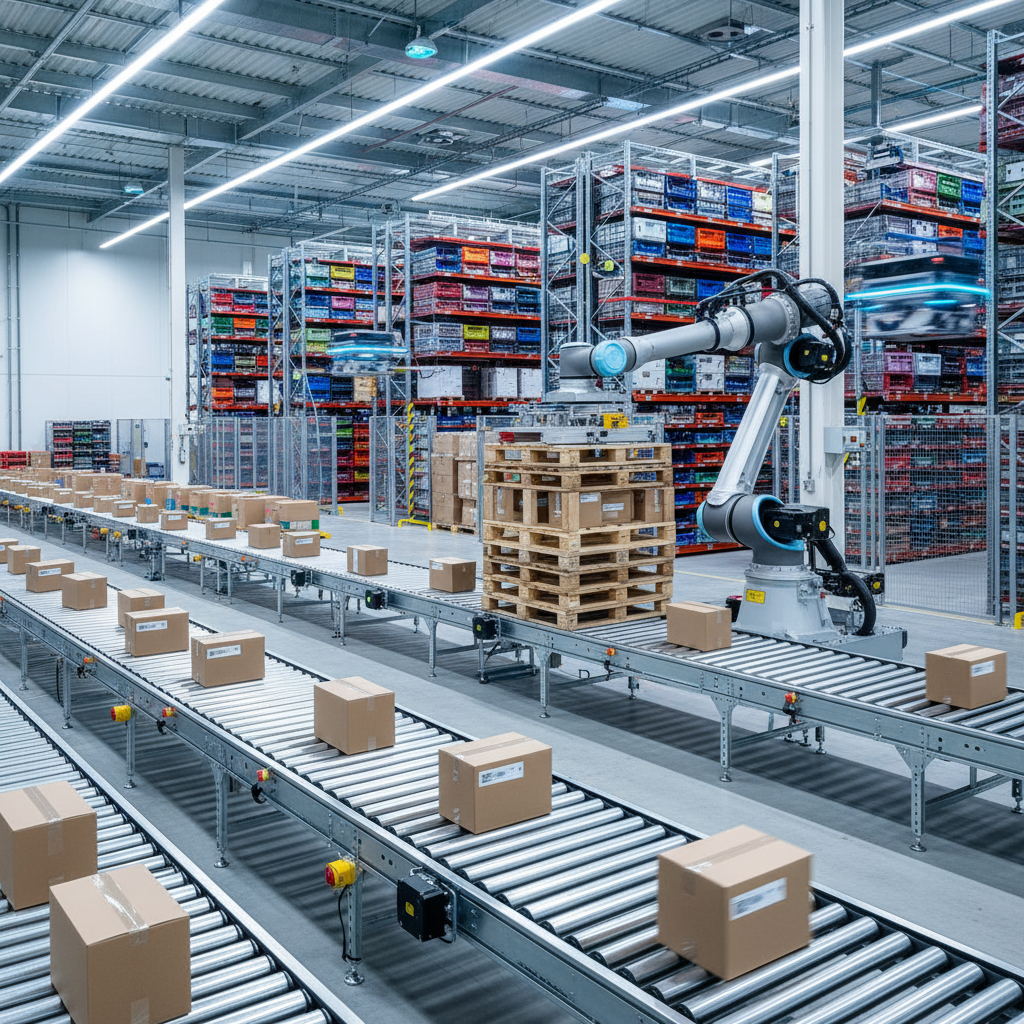 Een geautomatiseerd systeem voor dozenpicken in een modern Benelux-magazijn, met rollenbanen die dozen naar een robot-palletiseerarm transporteren.