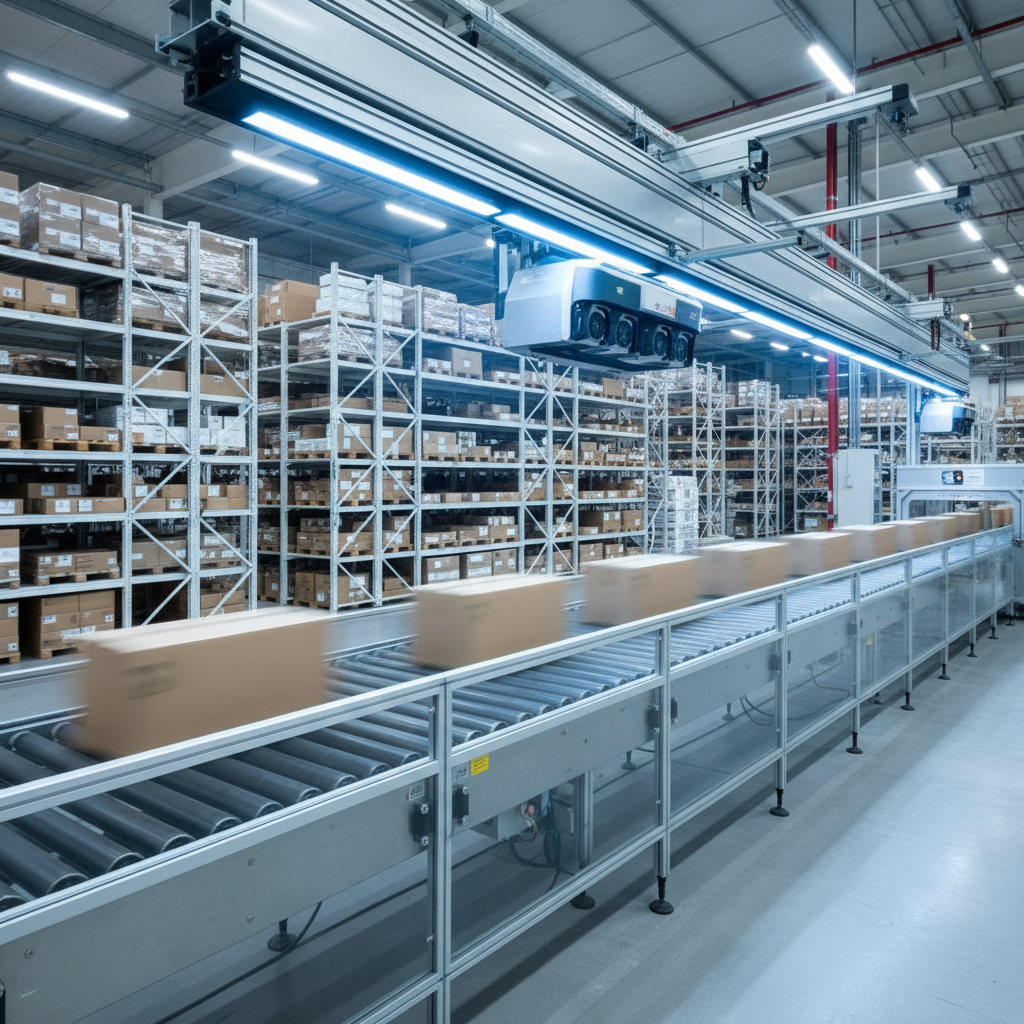 Een AI-gestuurde machine vision-camera inspecteert pakketten op een snel bewegende transportband in een modern Europees magazijn.