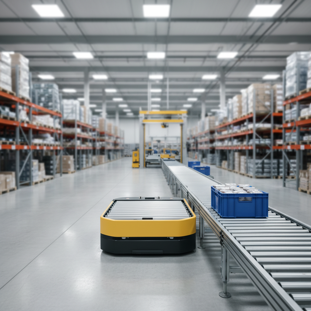 An Automated Guided Cart (AGC) seamlessly transferring a blue tote from a roller conveyor system in a modern European warehouse.