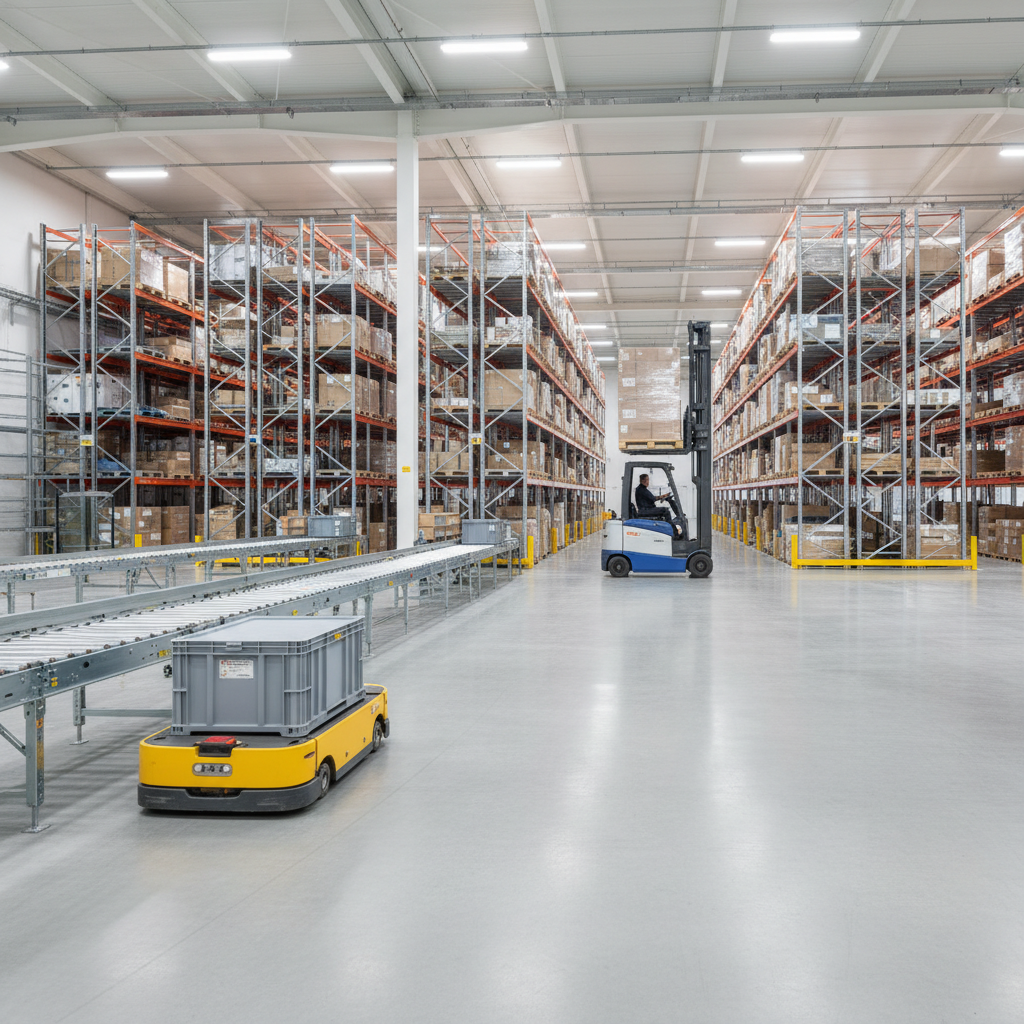 An Automated Guided Vehicle (AGV) transporting goods in a modern Benelux warehouse, with another AGV in the background.