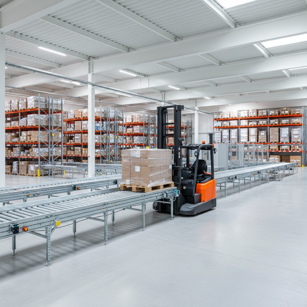 A forklift AGV carefully picks up a pallet from a roller conveyor line in a modern European distribution center.