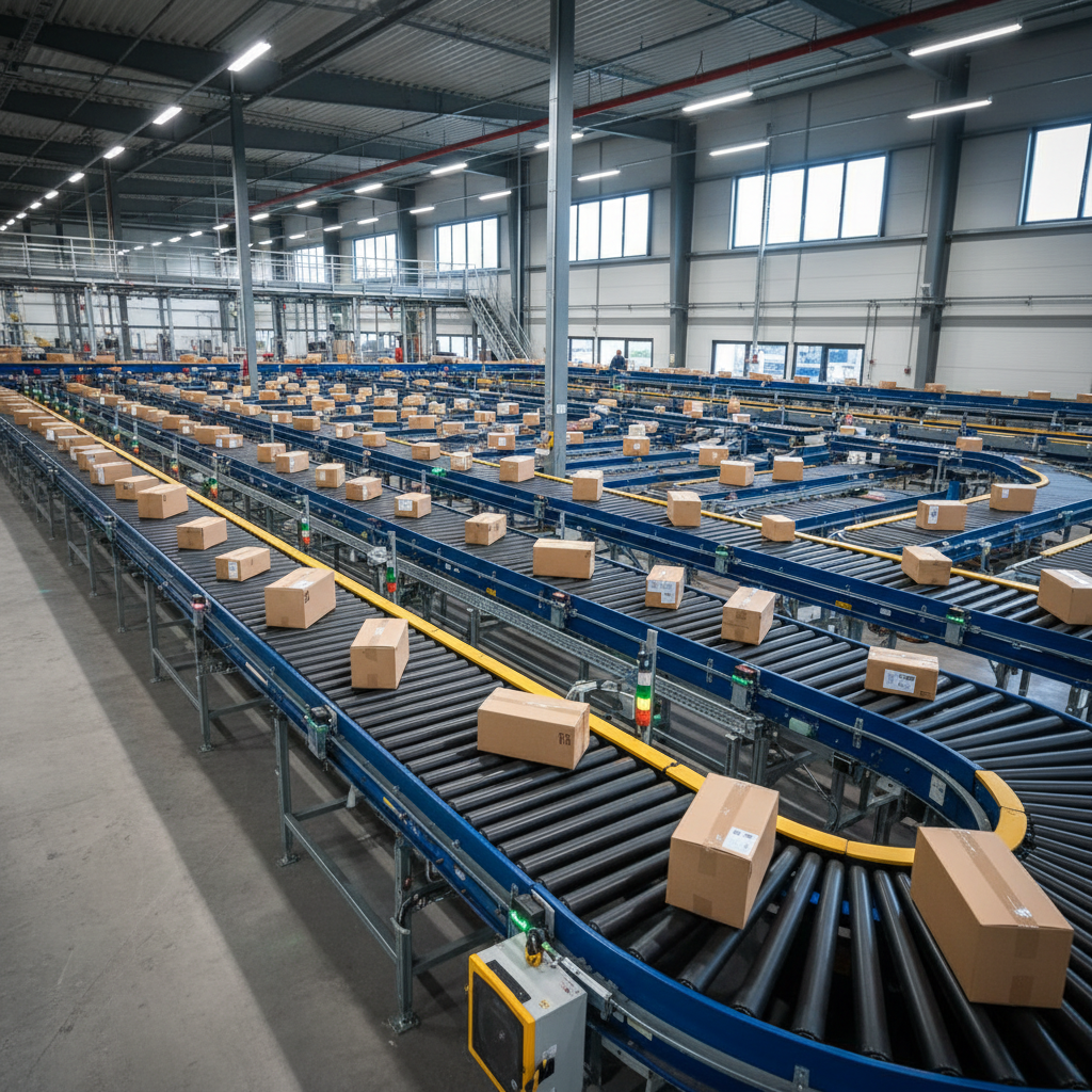 Een modern geautomatiseerd cross-belt sorteersysteem dat efficiënt diverse pakketten verwerkt in een goed verlicht Europ