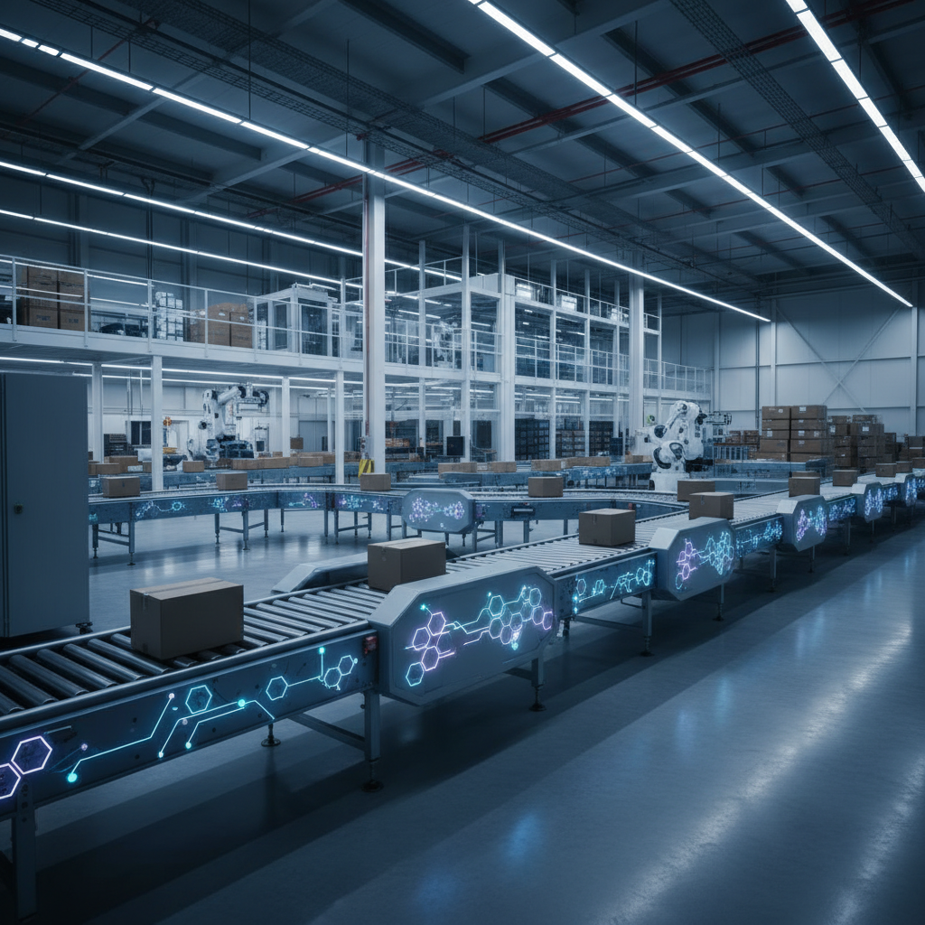 A modern conveyor system in a European warehouse, illustrating the integration of blockchain for data transparency.