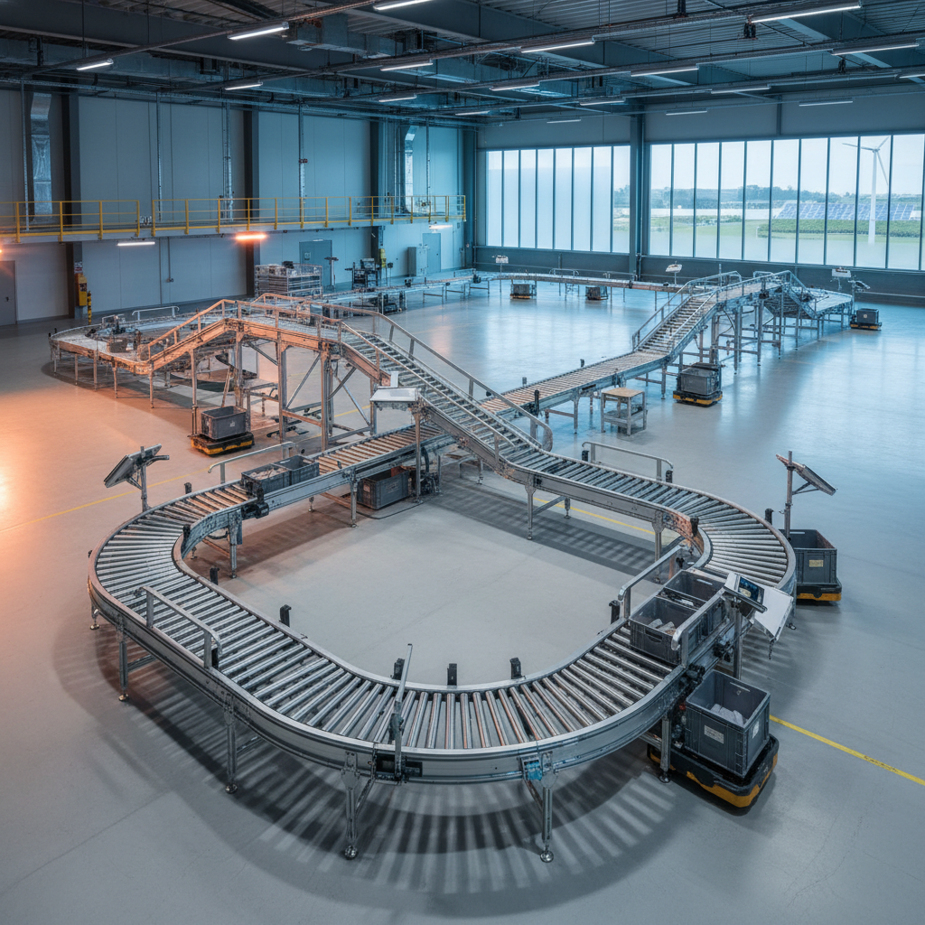 Een modulair, opnieuw geconfigureerd transportbandsysteem in een modern, schoon Benelux-magazijn, illustrerend circulari