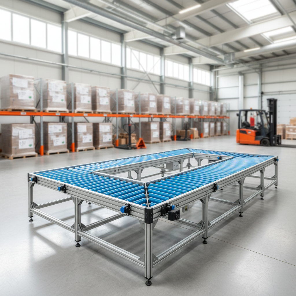 A modern modular roller conveyor system in a bright, clean Benelux distribution center, highlighting sustainable logistics infrastructure.