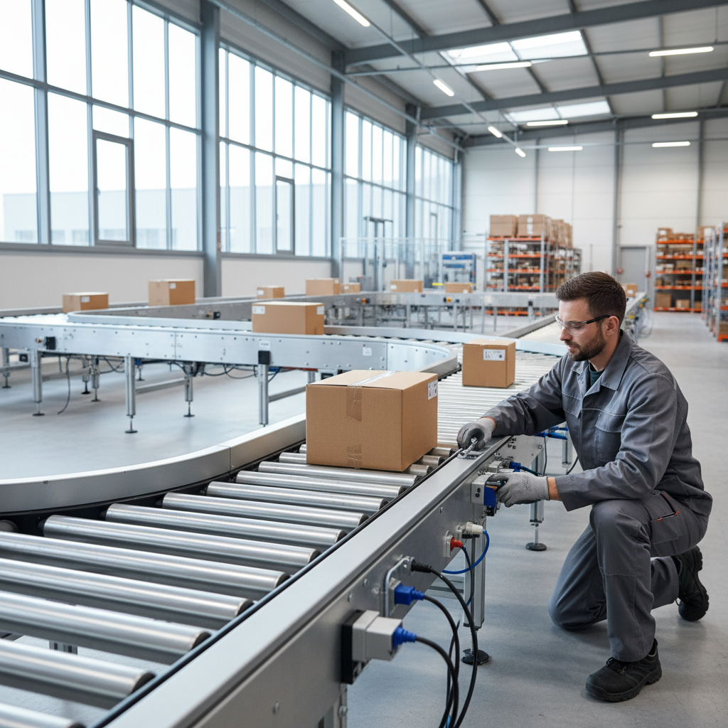 Technician disassembling a modular roller conveyor system in a bright, modern Benelux warehouse, highlighting the principles of circular design.