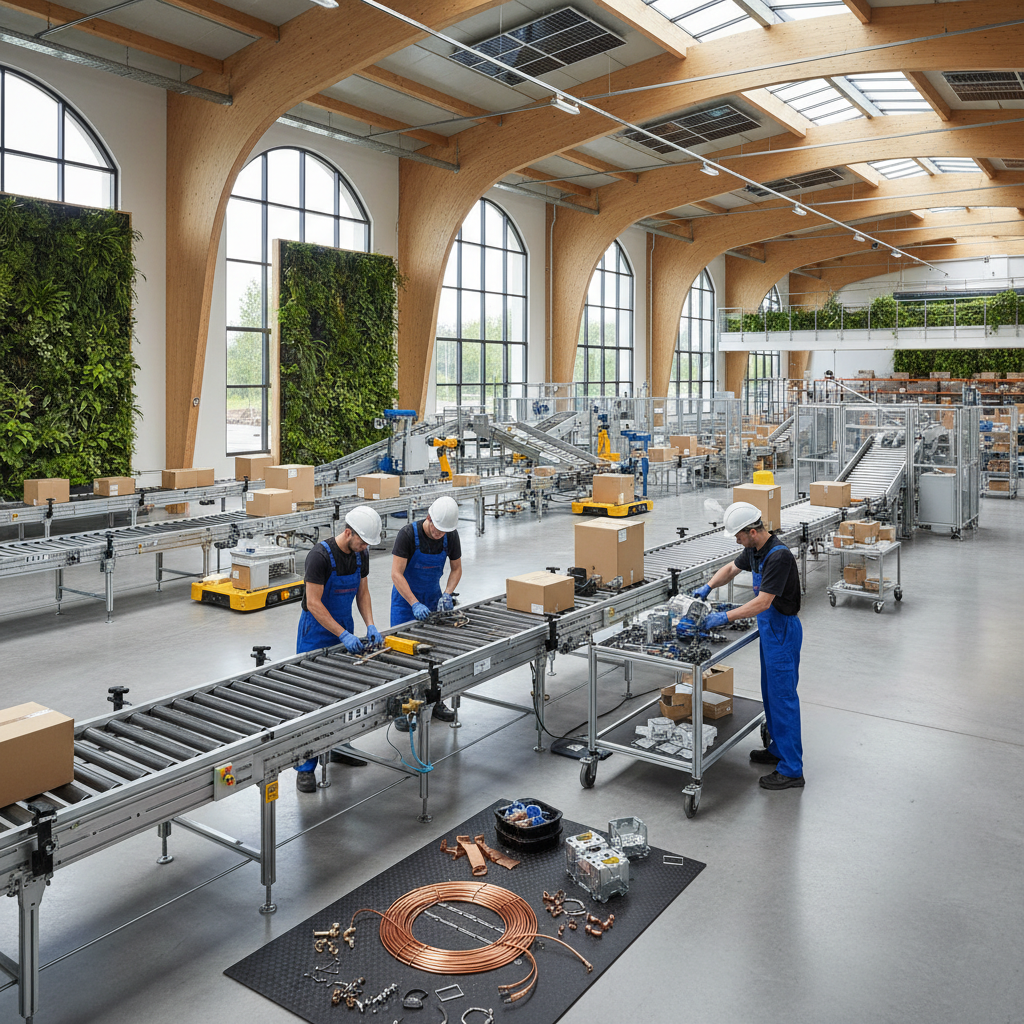Technicians disassembling a modular roller conveyor section for reuse in a modern Benelux distribution center, illustrating circular economy principles.