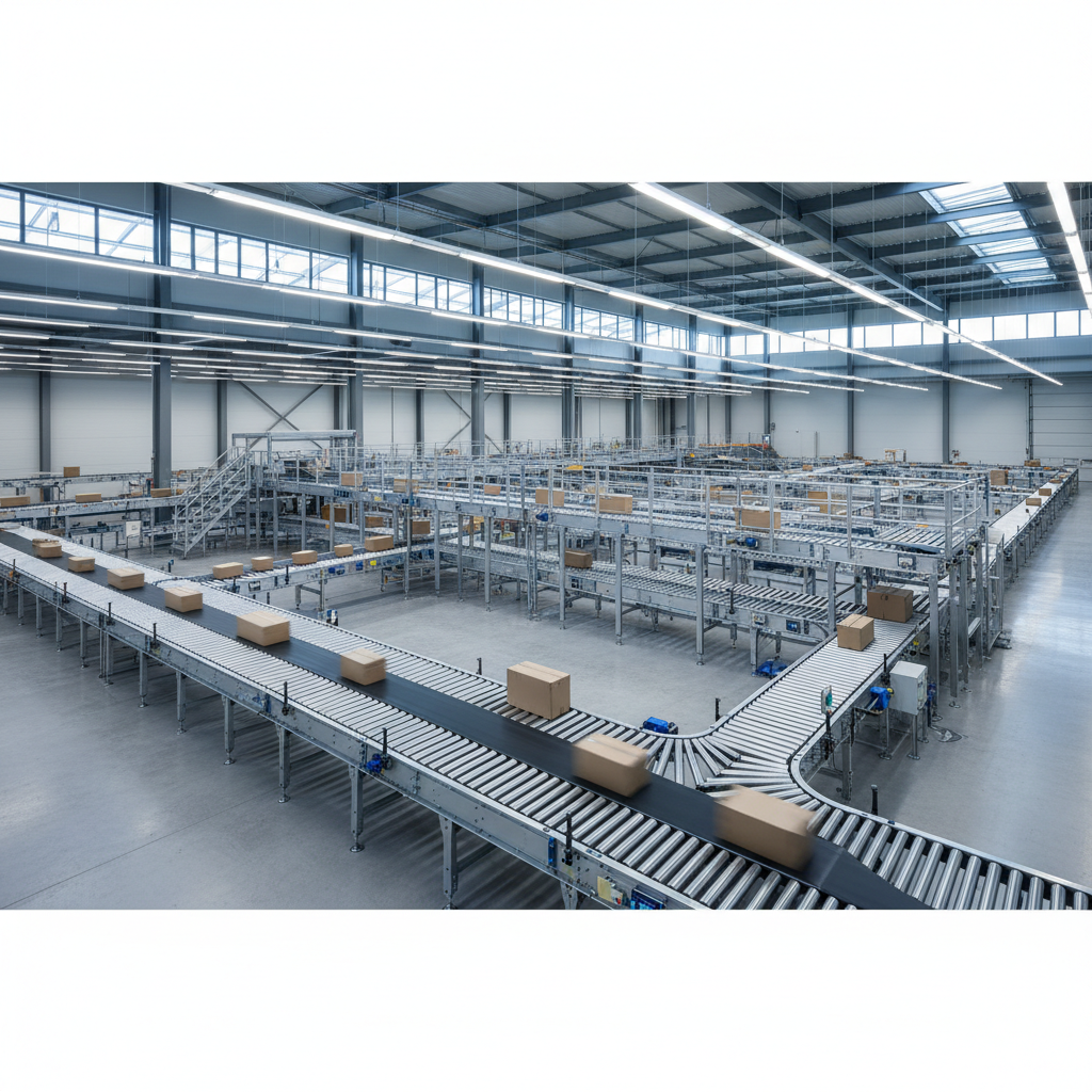 A modular roller conveyor system inside a brightly lit Benelux warehouse, showcasing the principles of circular and sustainable design in logistics.