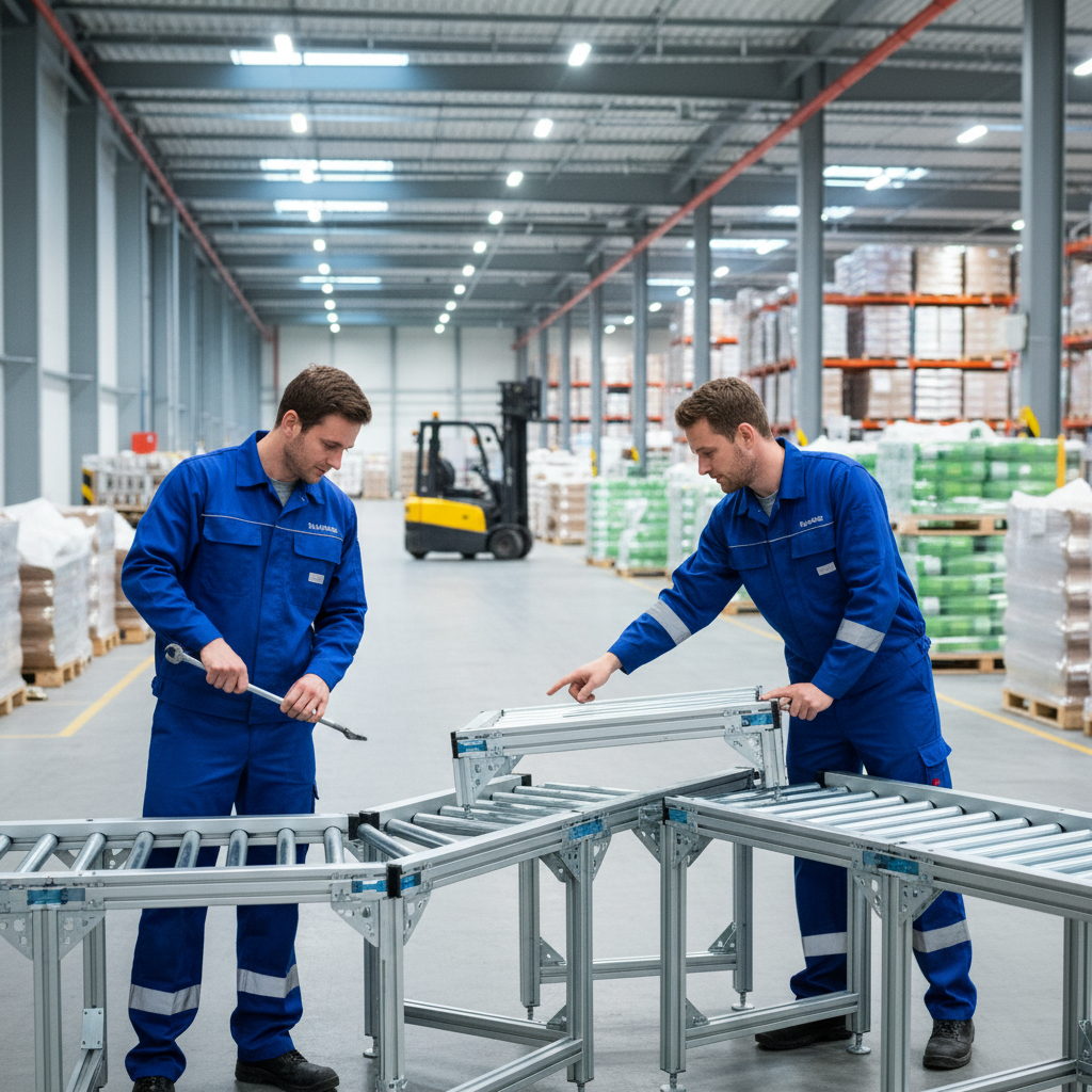 Engineers reconfiguring a modular roller conveyor system in a modern Benelux distribution center, demonstrating flexibility.