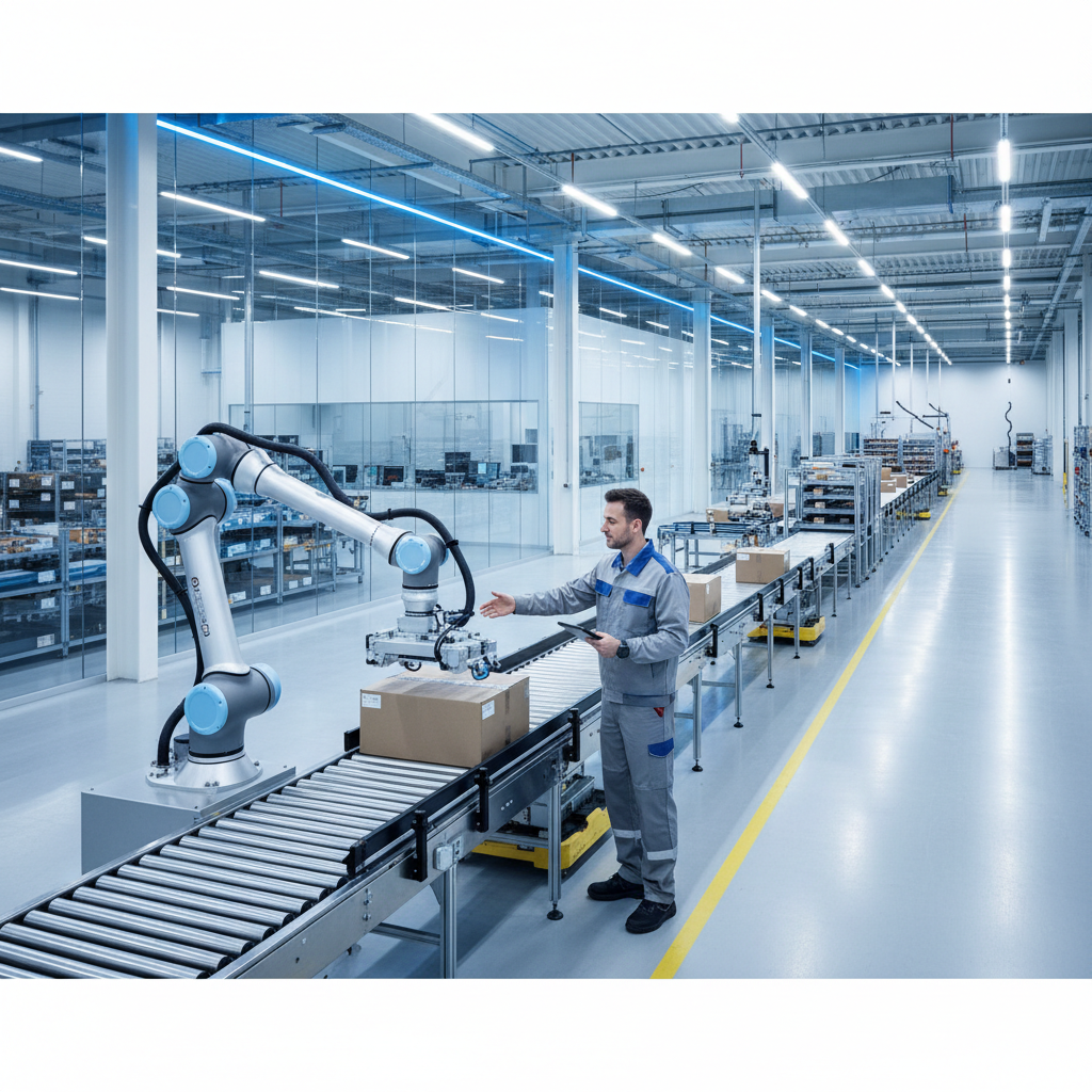A human worker and a collaborative robot arm working together on a modern conveyor belt line in a Benelux warehouse.