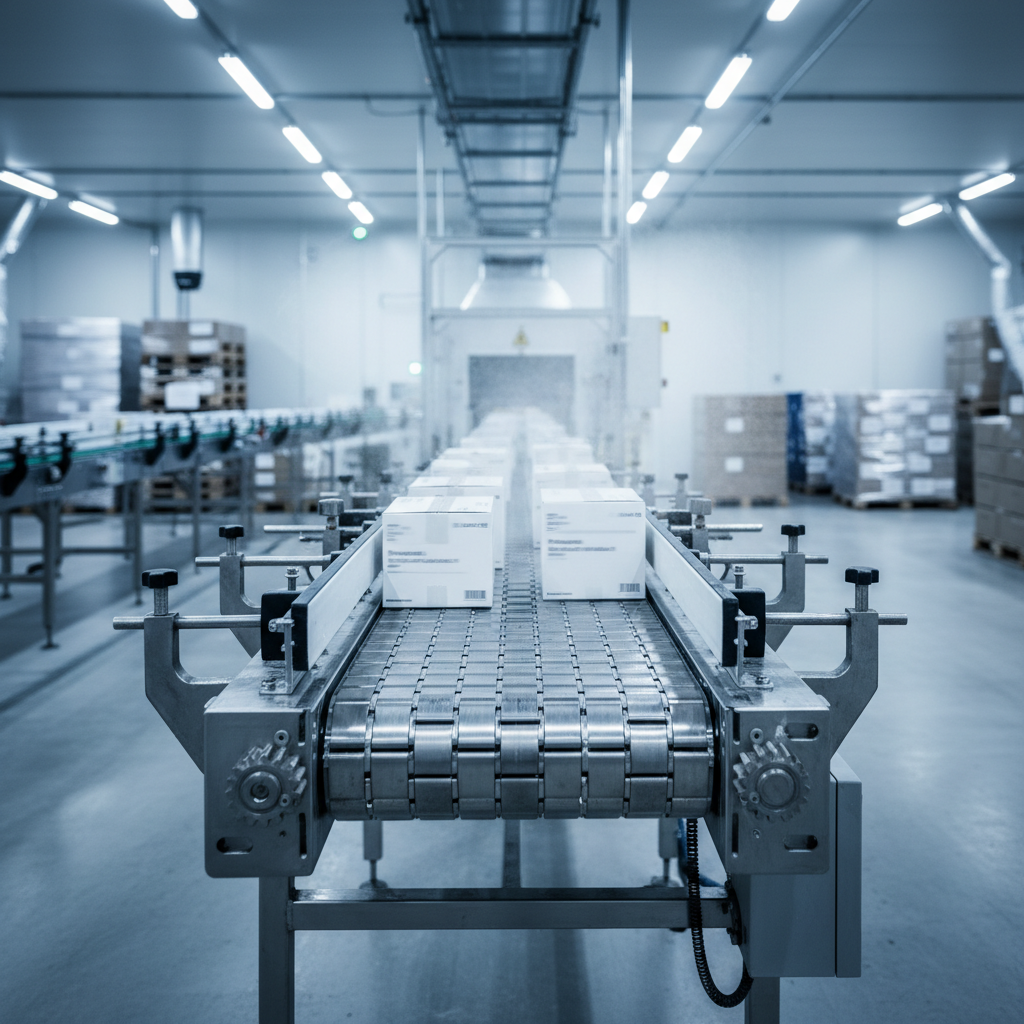 A stainless steel modular belt conveyor designed for cold chain logistics, transporting pharmaceutical goods in a European warehouse.