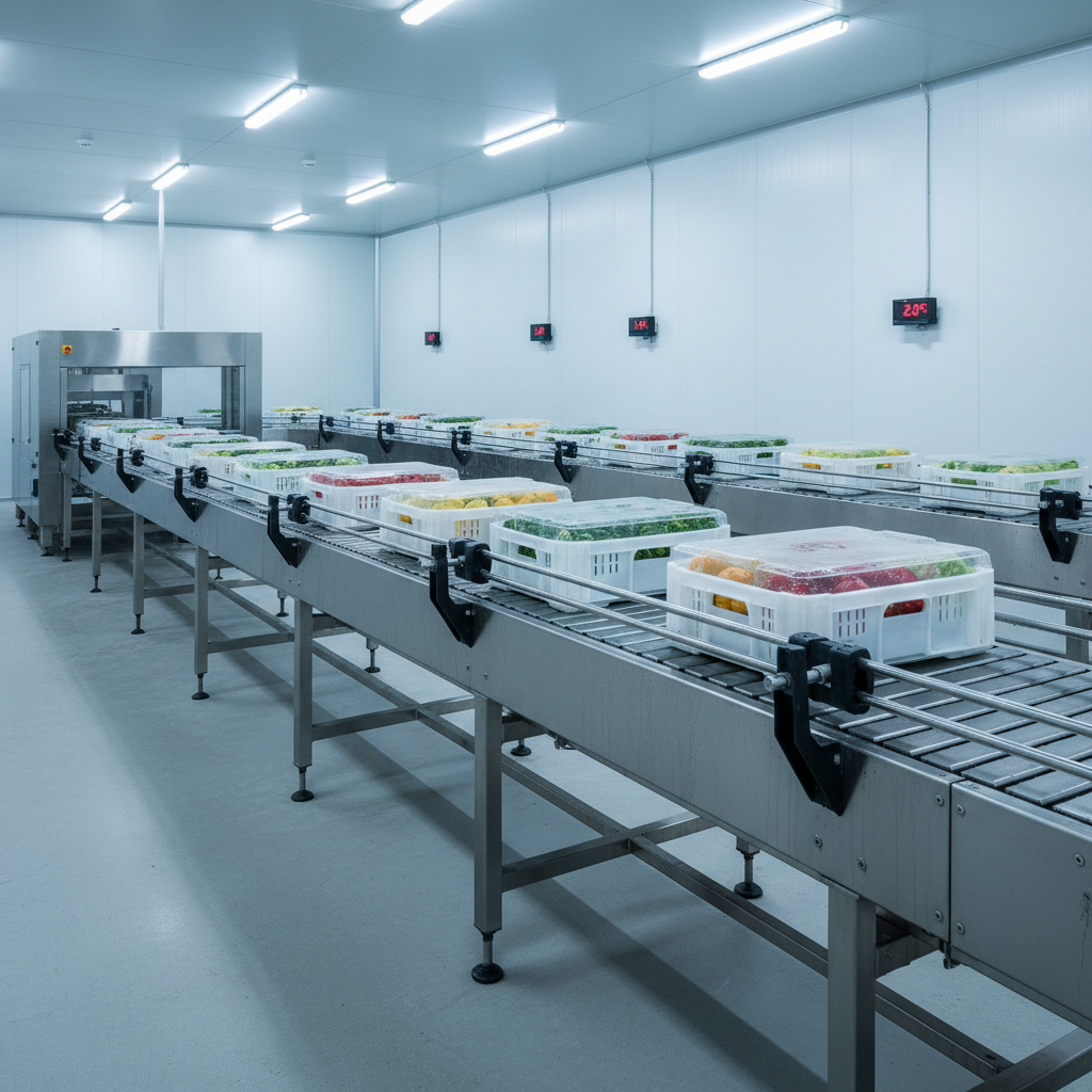 Stainless steel conveyor system moving crates of produce in a modern Benelux cold storage warehouse, illustrating cold chain logistics.