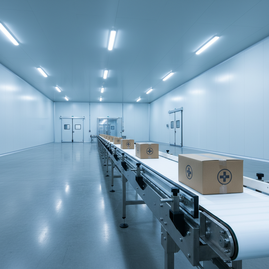 A stainless steel modular conveyor system operating inside a pristine, refrigerated warehouse for pharmaceuticals.