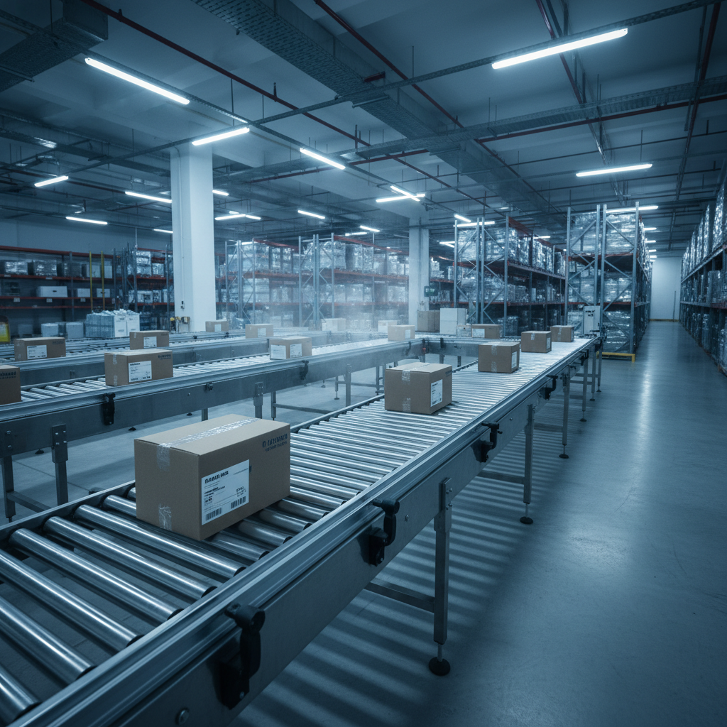 A stainless steel roller conveyor system operating inside a large, modern cold storage facility in the Benelux region.
