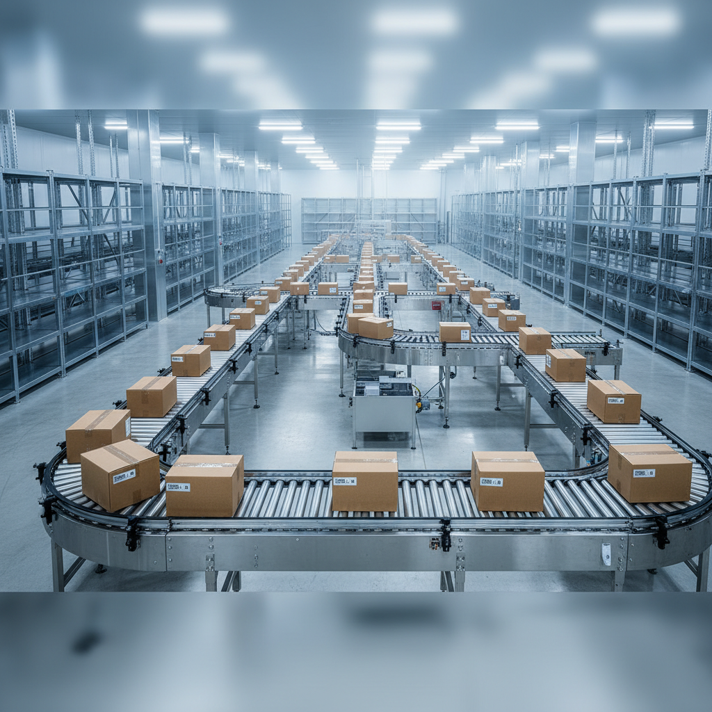 Stainless steel cold chain conveyors moving boxes in a modern pharmaceutical warehouse in the Benelux.