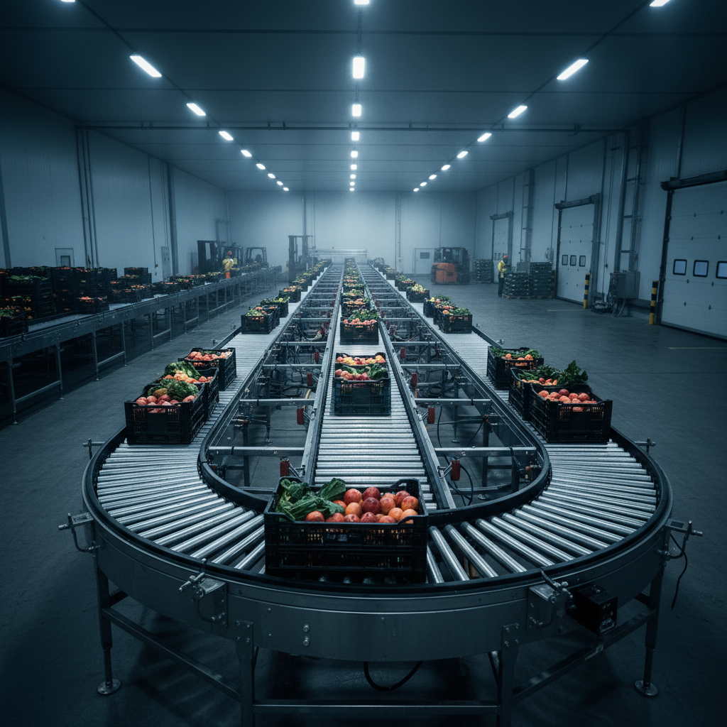 Stainless steel roller conveyors moving crates of produce in a refrigerated warehouse, illustrating cold chain logistics.