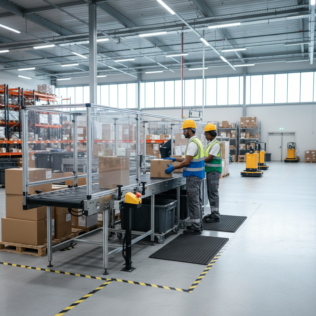 Zwei Lagerarbeiter arbeiten an einem sicheren und ergonomischen Förderarbeitsplatz in einem modernen Benelux-Distributio