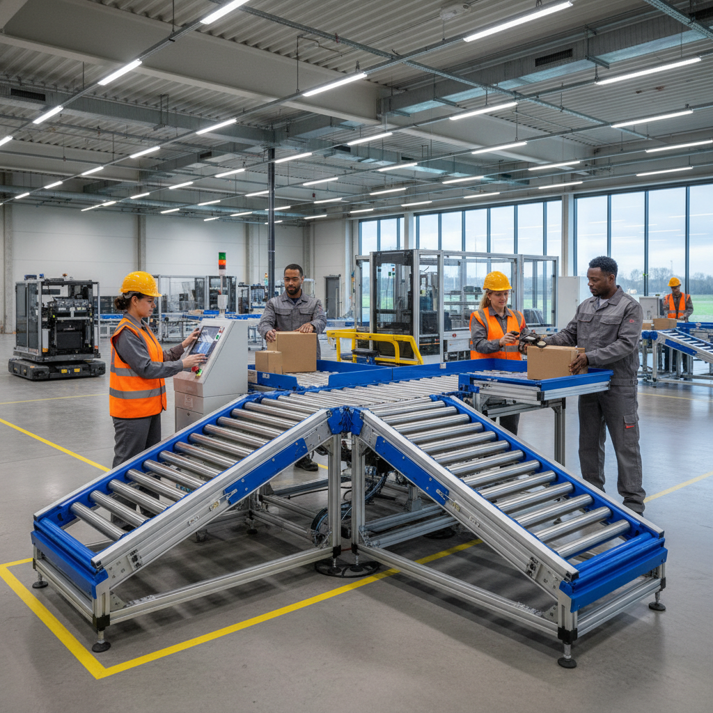 Werknemers in een modern Benelux magazijn met een ergonomisch, in hoogte verstelbaar transportsysteem, met de nadruk op 
