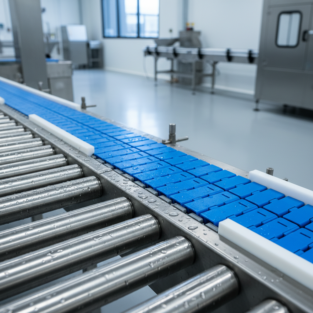 Een roestvrijstalen rollenbaan ontmoet een blauwe modulaire kunststof band, wat materiaalkeuzes toont voor hygiënische i