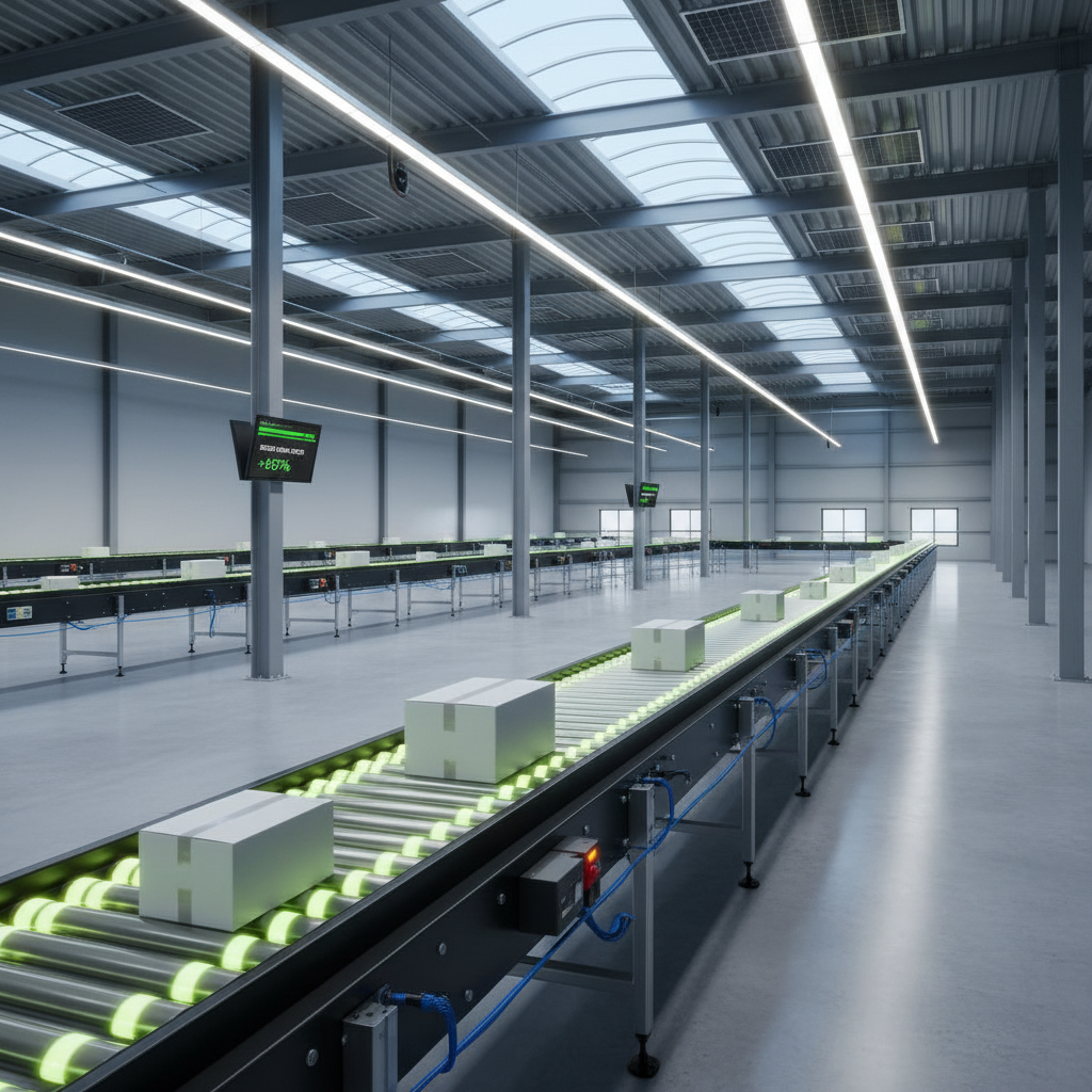 Een lange, moderne rollenbaansysteem met geïntegreerde gemotoriseerde rollen in een schone, efficiënte Europese magazijn