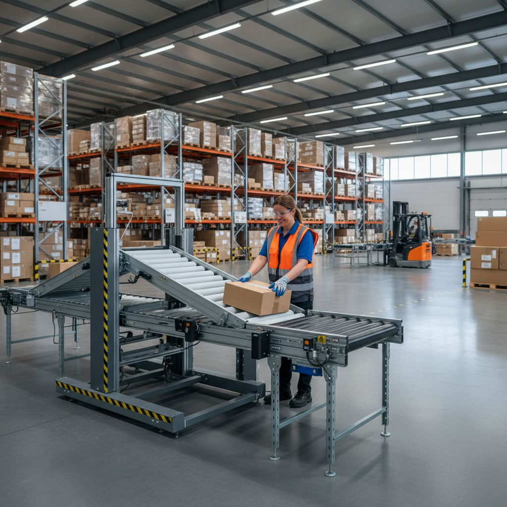 Een magazijnmedewerker in een Benelux distributiecentrum bedient een ergonomisch, in hoogte verstelbaar transportsysteem
