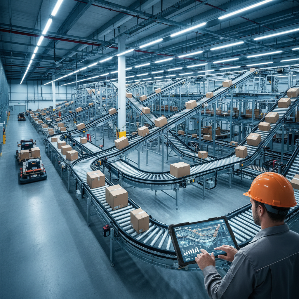 Een logistieke ingenieur die een tablet met data-analyse gebruikt om een complexe transportbandsysteemlay-out in een mod