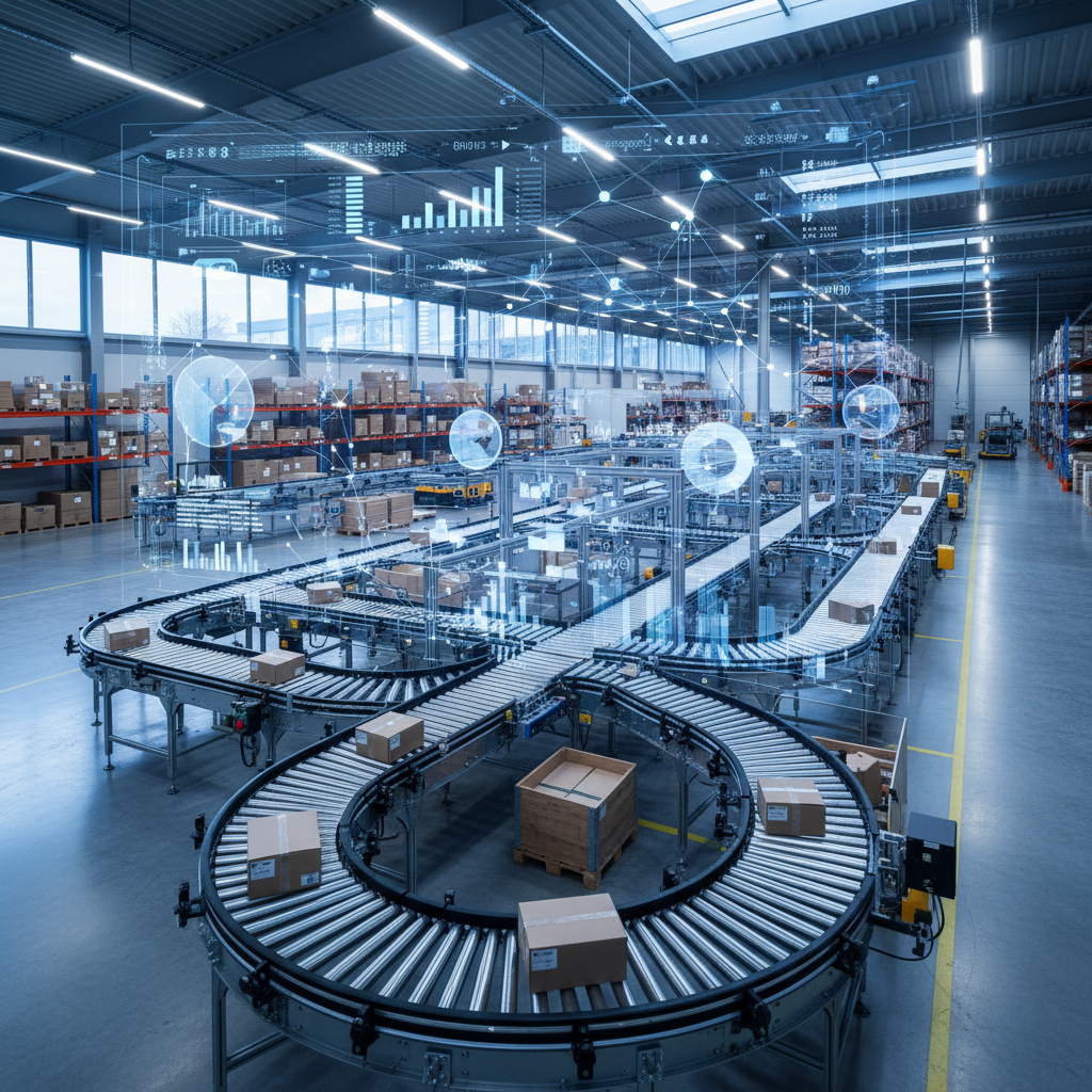 Een modern transportsysteem in een Benelux-magazijn met een oplichtende blauwe Digital Twin-overlay die data en analyses toont.