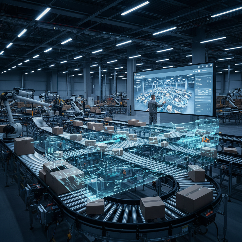 Een digital twin-hologram van een transportsysteem dat oplicht boven de fysieke installatie in een modern Benelux-magazijn, met real-time analyses.