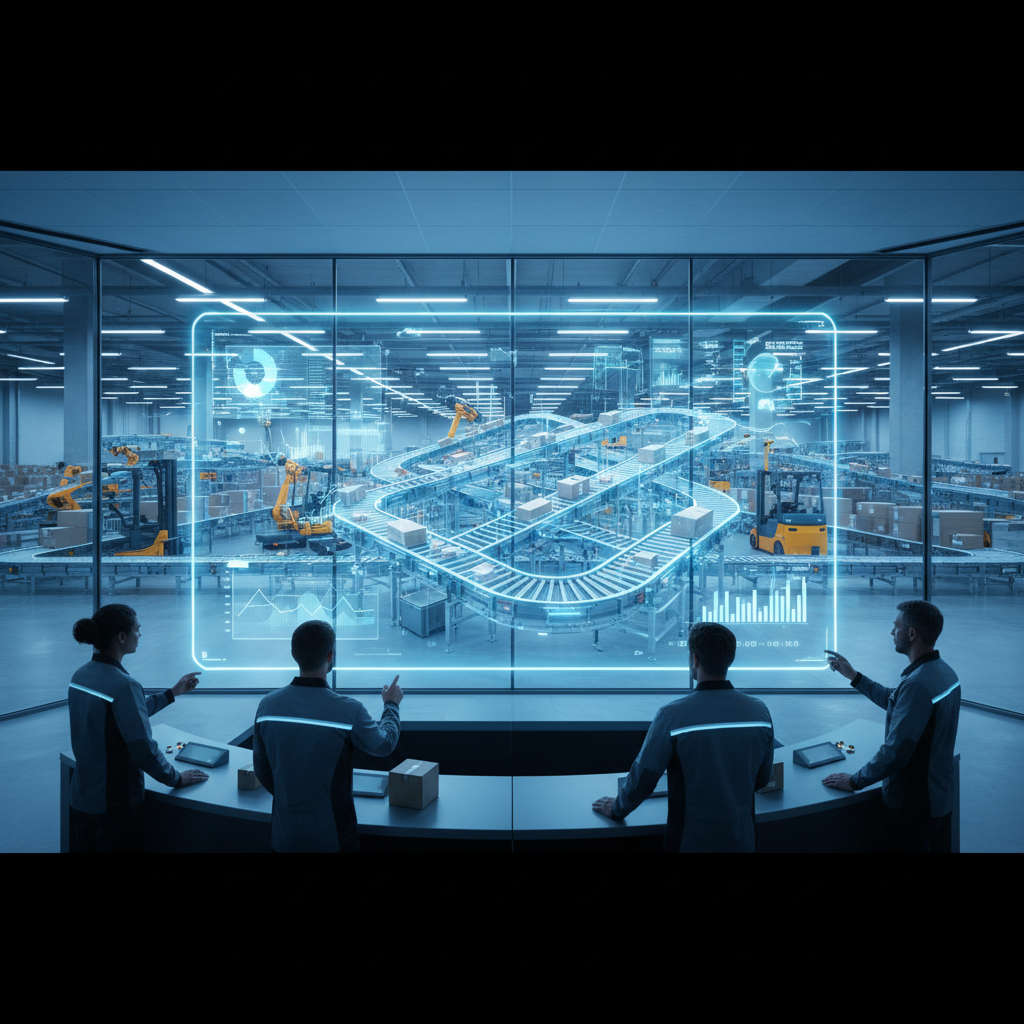 Een digital twin van een transportsysteem weergegeven op een holografisch scherm in een moderne Benelux magazijncontrolekamer.