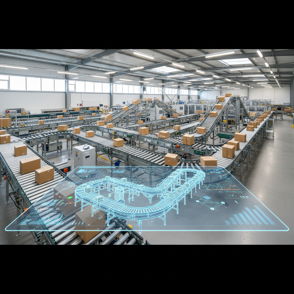 Een Digital Twin-interface die een 3D-model van een transportsysteem toont in een modern Benelux-magazijn.