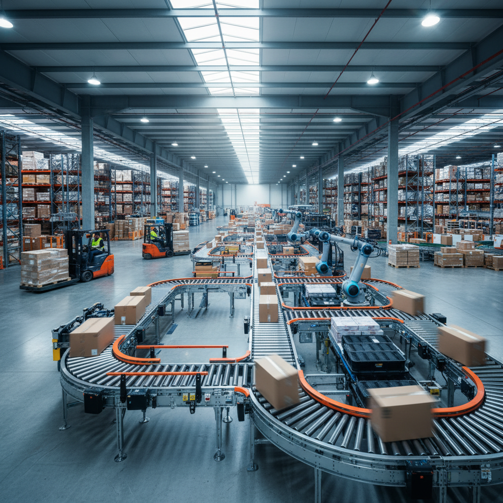 Dynamic conveyor system efficiently sorting packages in a modern Benelux e-commerce warehouse, showcasing automation in logistics.