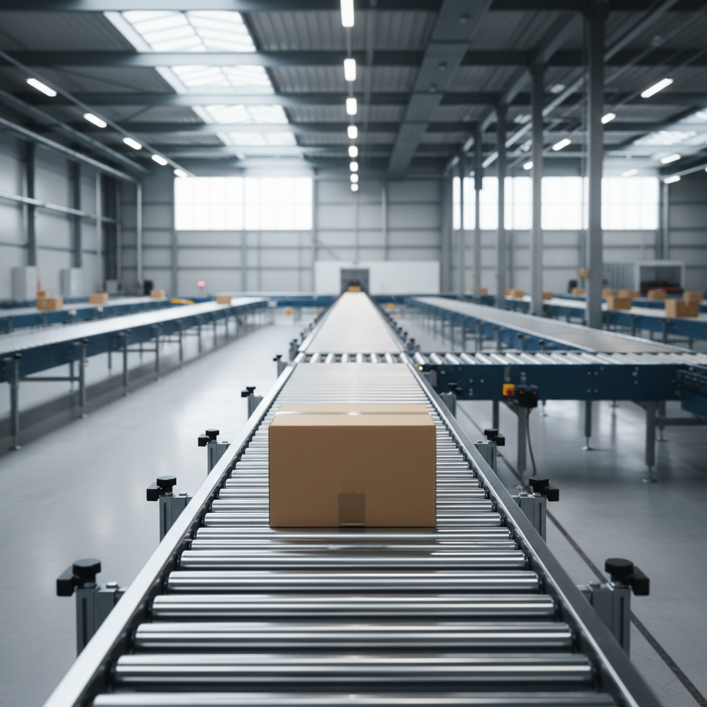 A modern Motorized Drive Roller (MDR) conveyor system in a Benelux warehouse, highlighting its energy-efficient design.