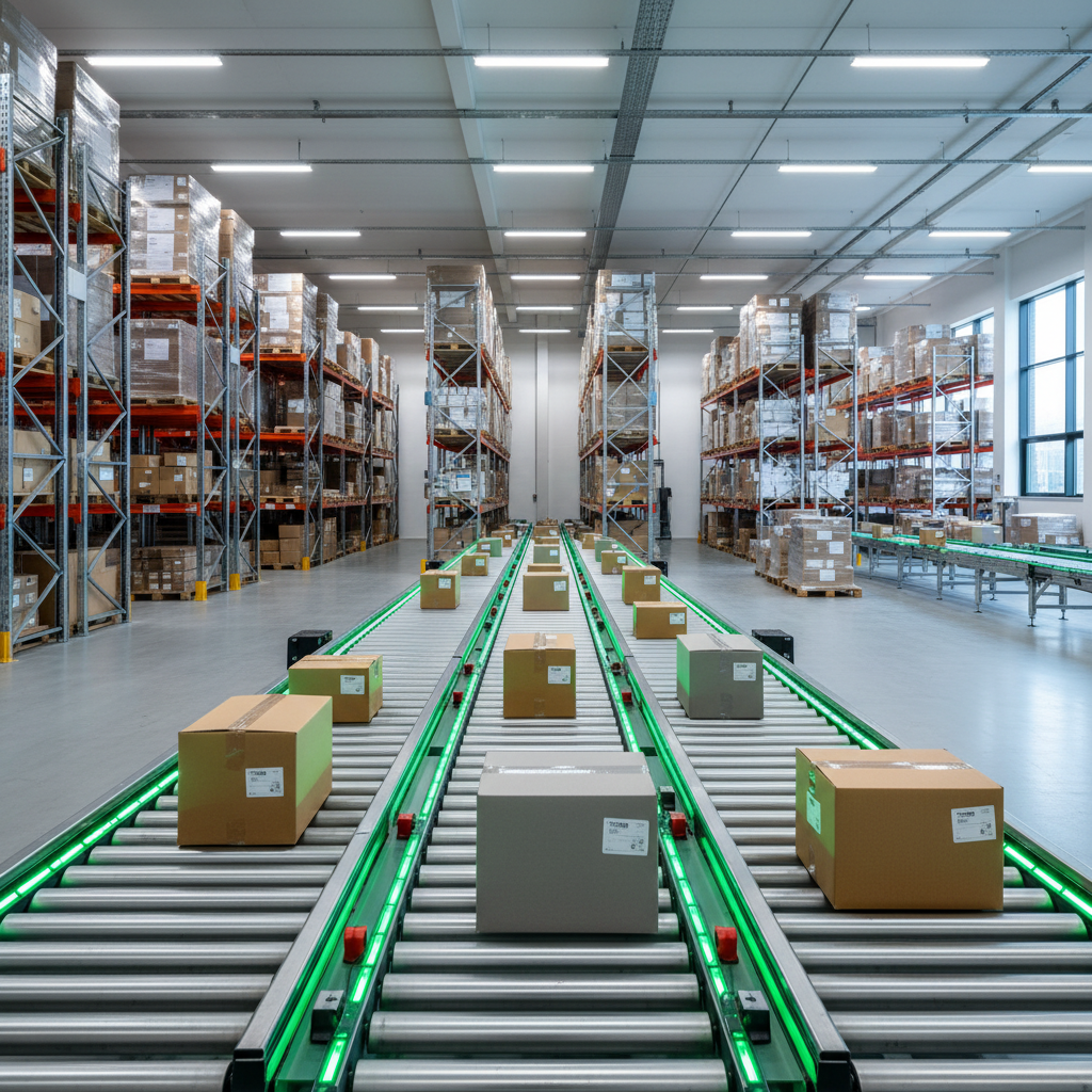 Energy-efficient MDR roller conveyor system with smart zone controls in a modern Benelux distribution center.